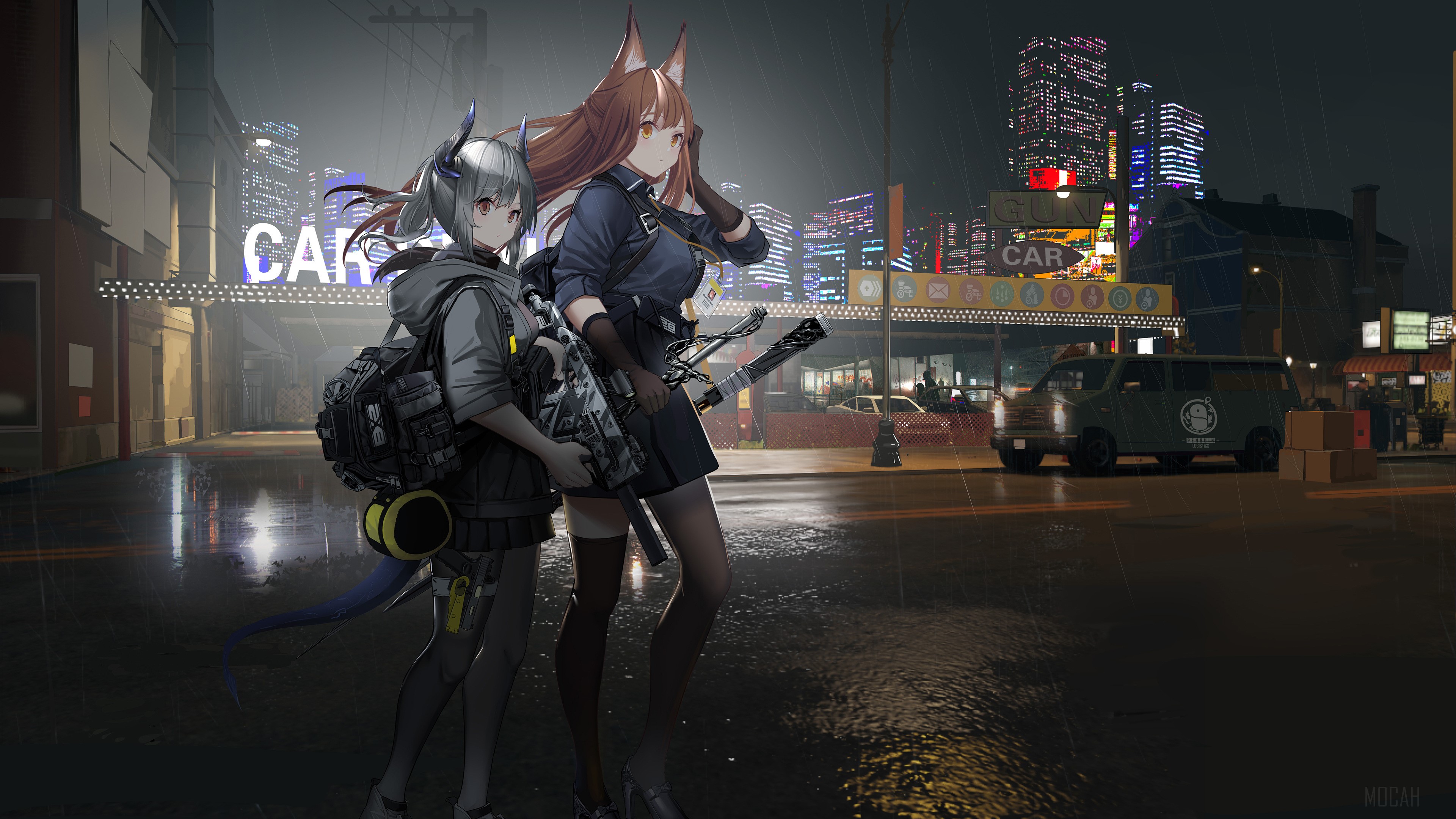 Franka and Liskarm from Arknights in a rainy city at night HD Wallpaper