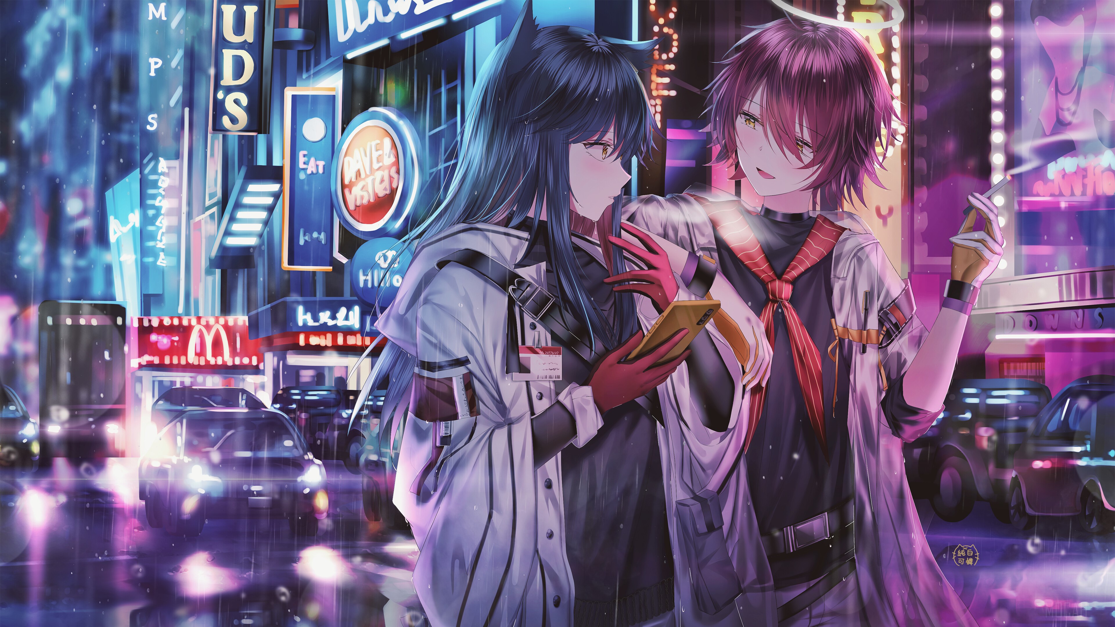 Arknights Exusiai and Friend in Neon City Night 4K HD Wallpaper