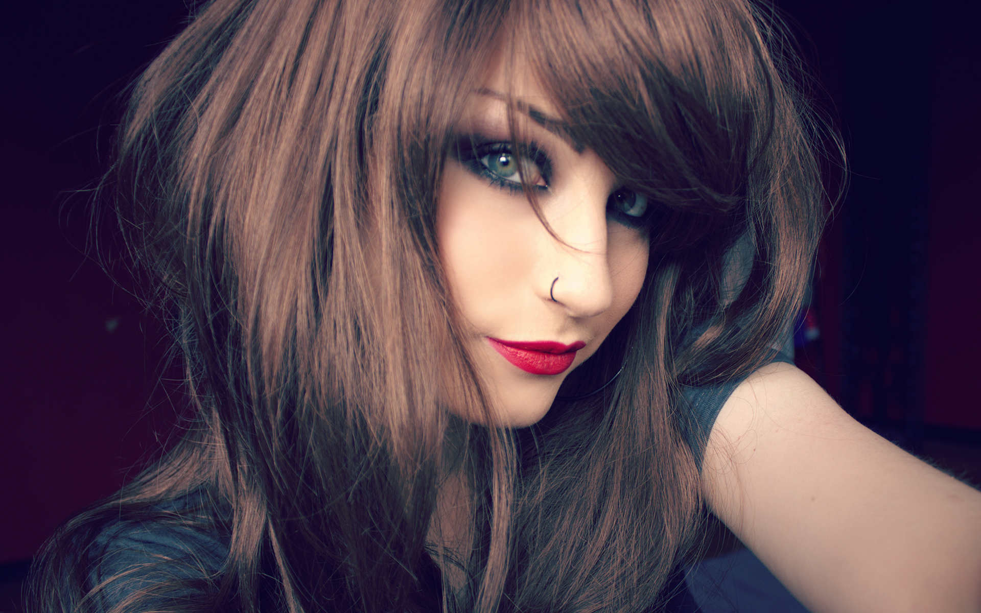 Woman with brown hair and red lipstick HD Wallpaper