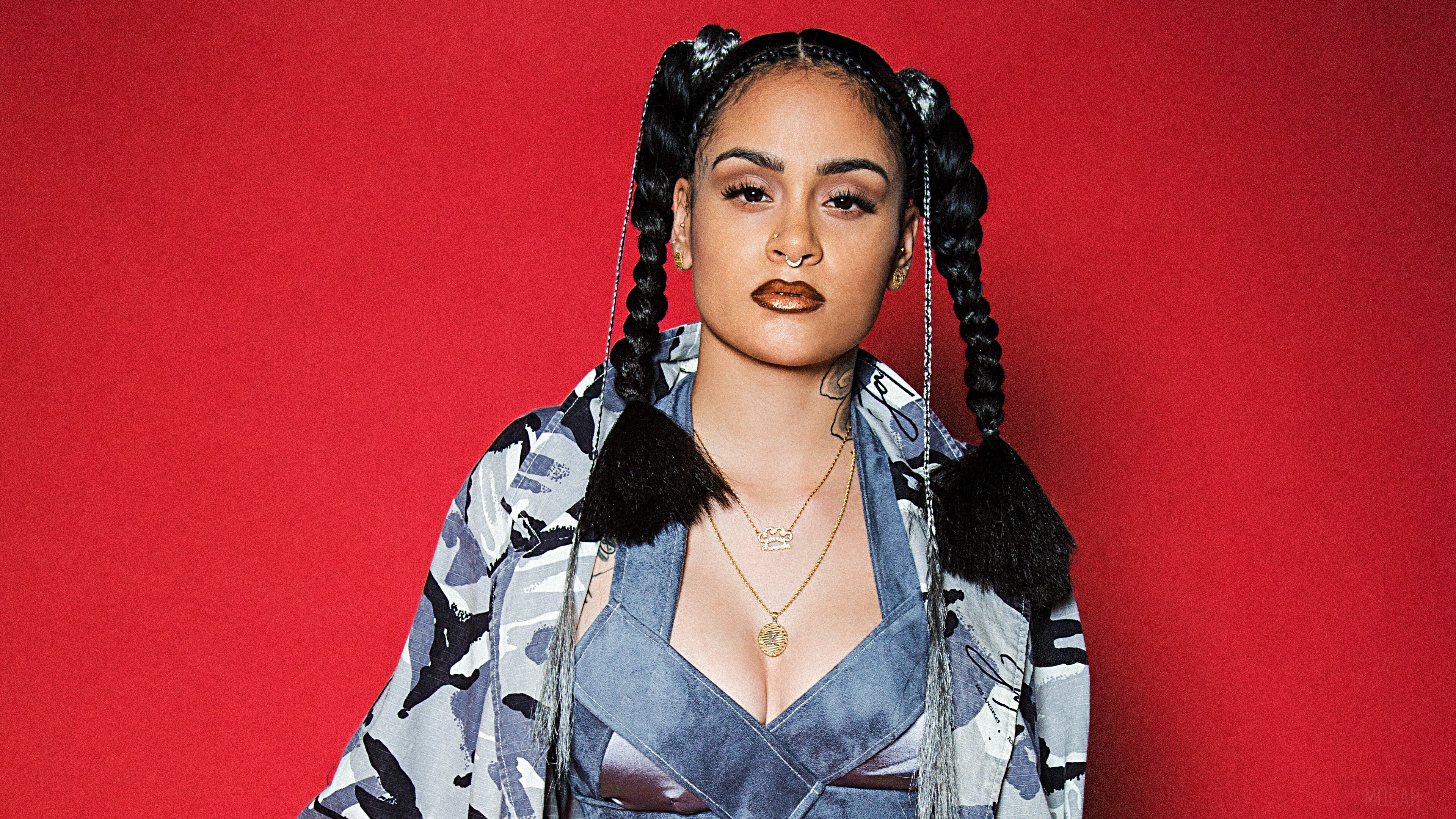 Kehlani in camouflage jacket and denim top 4K HD Wallpaper