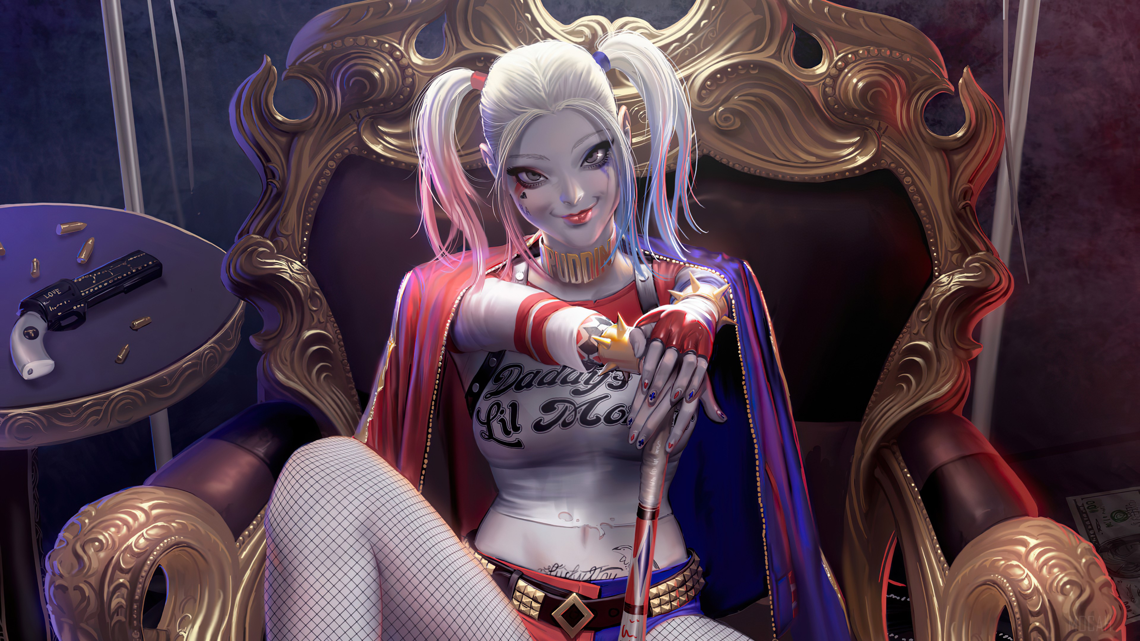 Harley Quinn from DC Comics sitting on a throne HD Wallpaper
