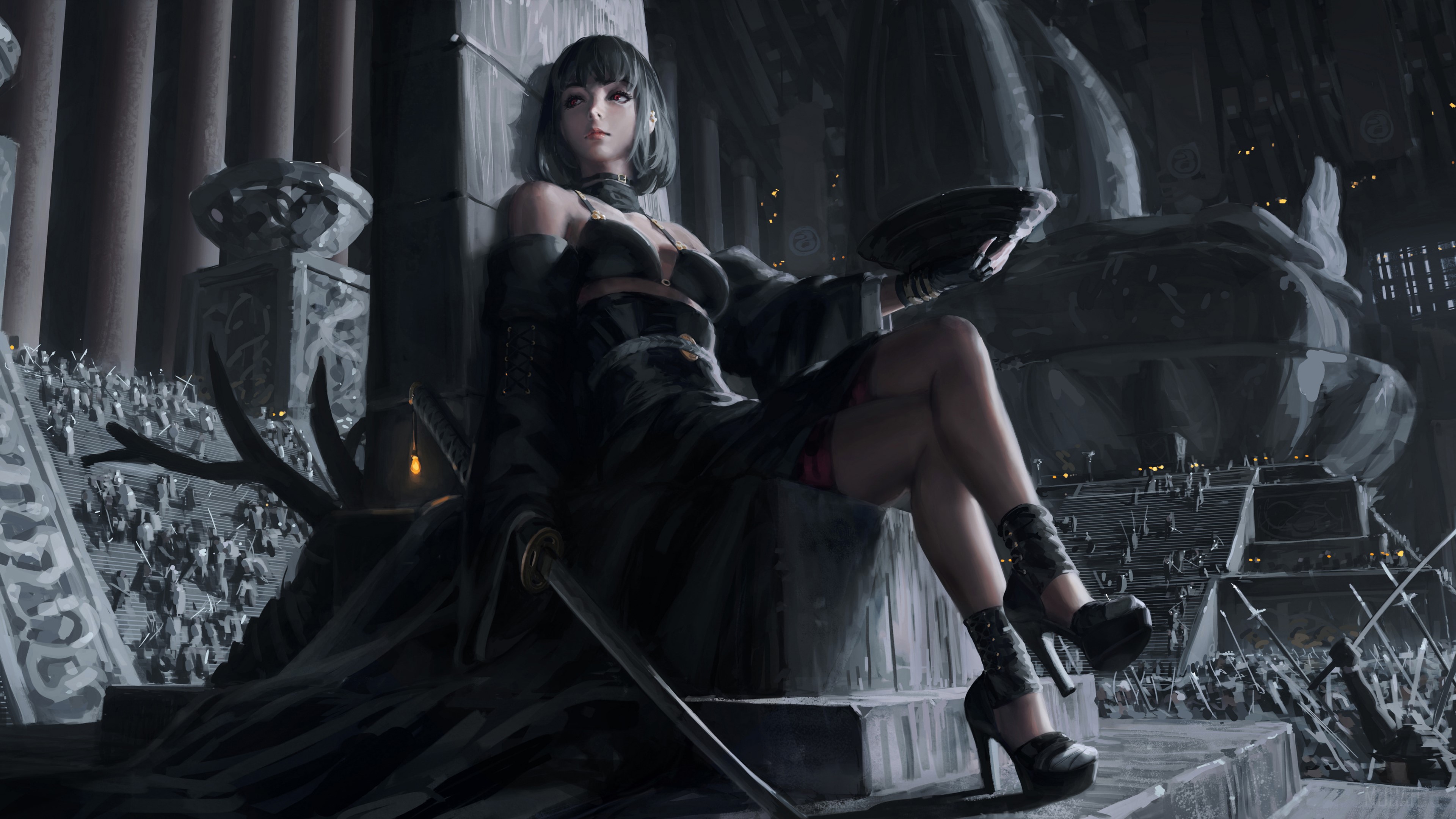 Queen Warrior in Dark Fantasy Throne Room 4K HD Wallpaper