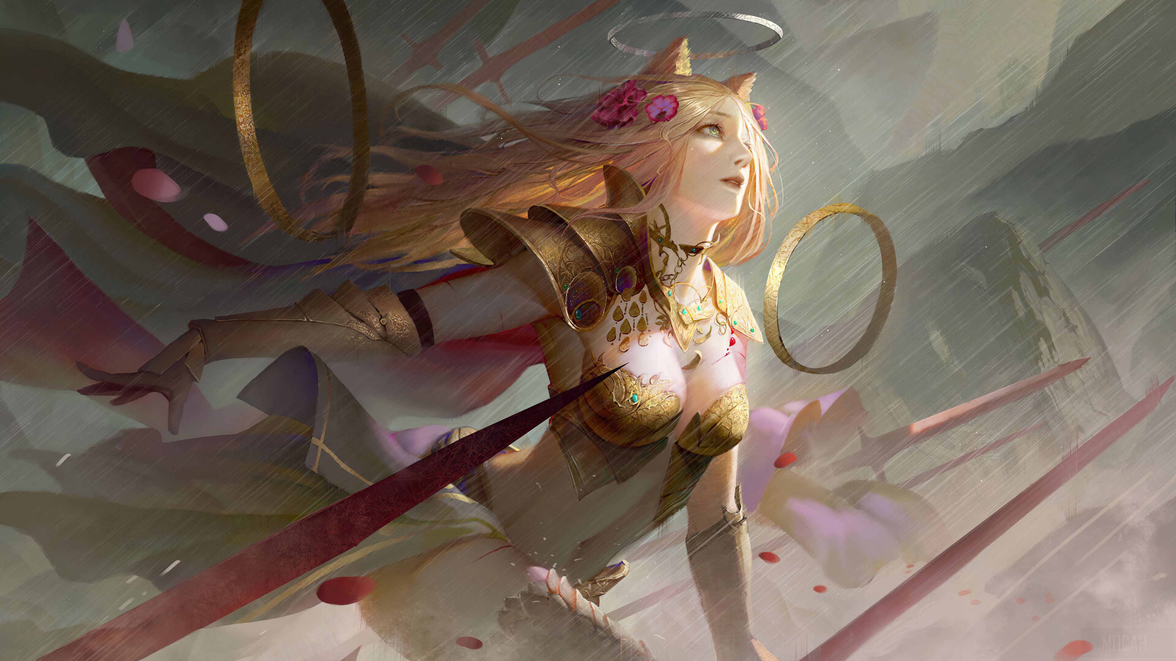 Fantasy Warrior Girl with Halo and Armor 4K HD Wallpaper