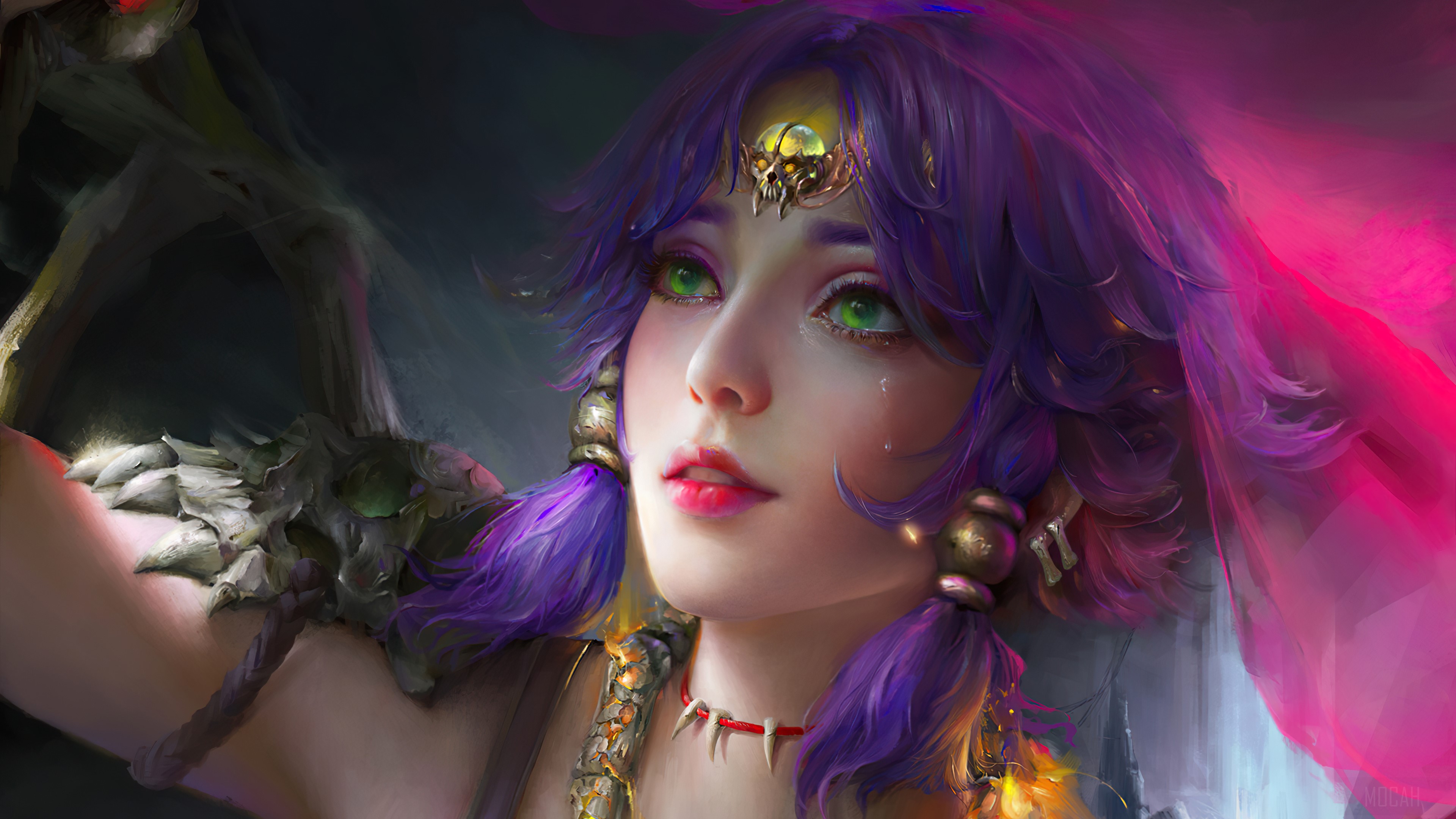 Fantasy Girl with Purple Hair and Green Eyes 4K HD Wallpaper