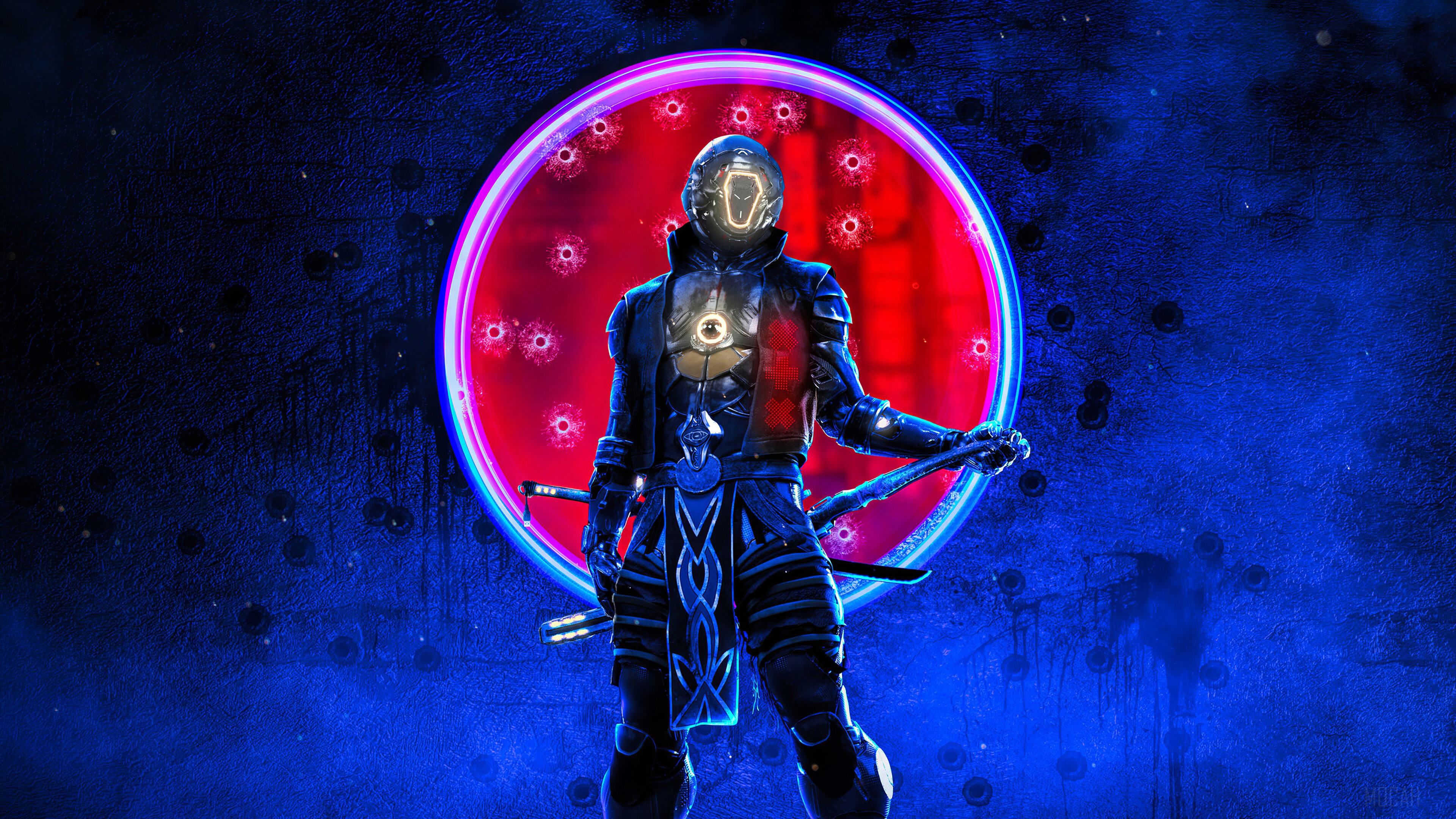 Cyberpunk Samurai Warrior in Neon Light 4K HD Wallpaper