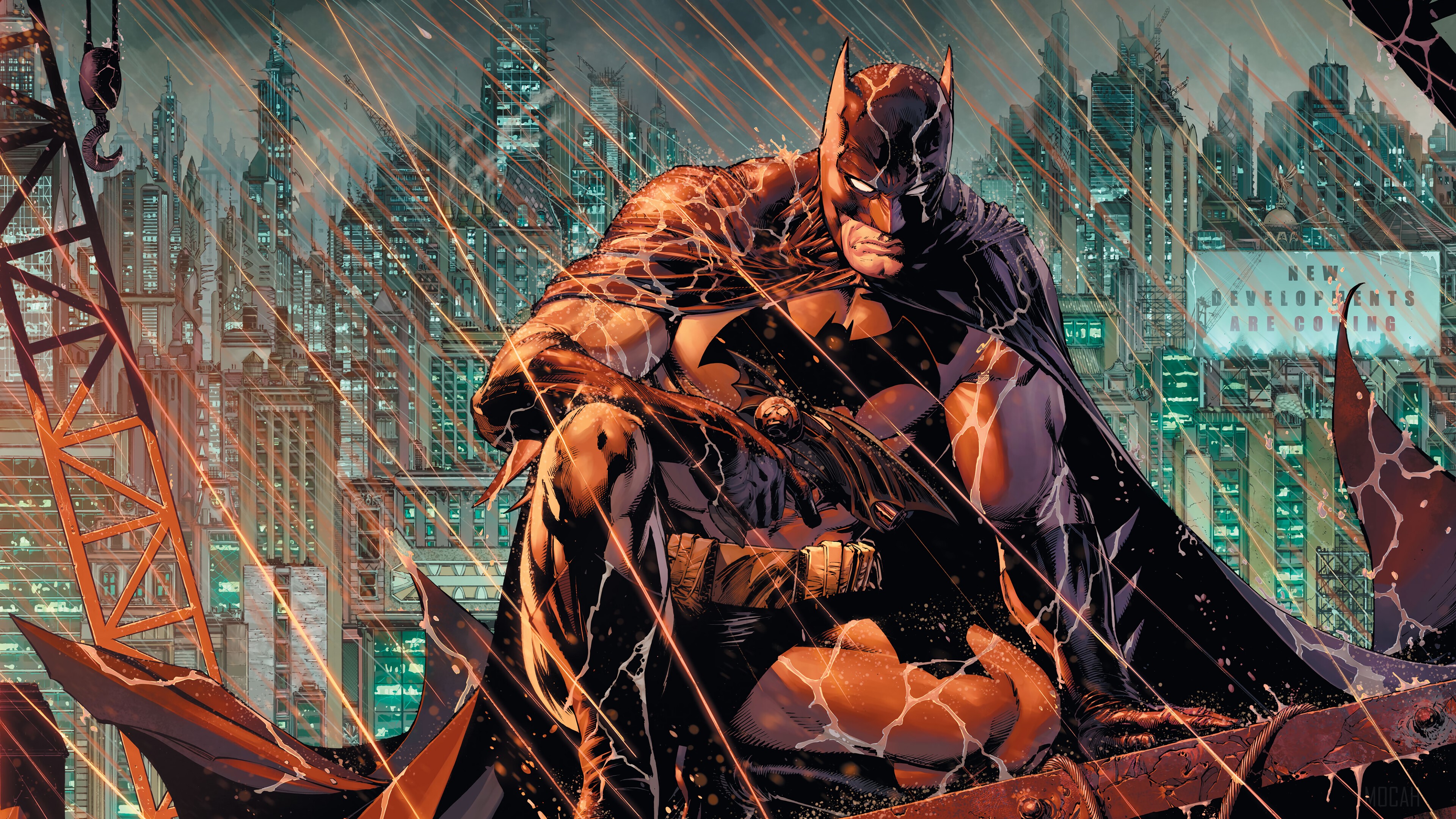 Batman from DC Comics watching over a rainy city HD Wallpaper