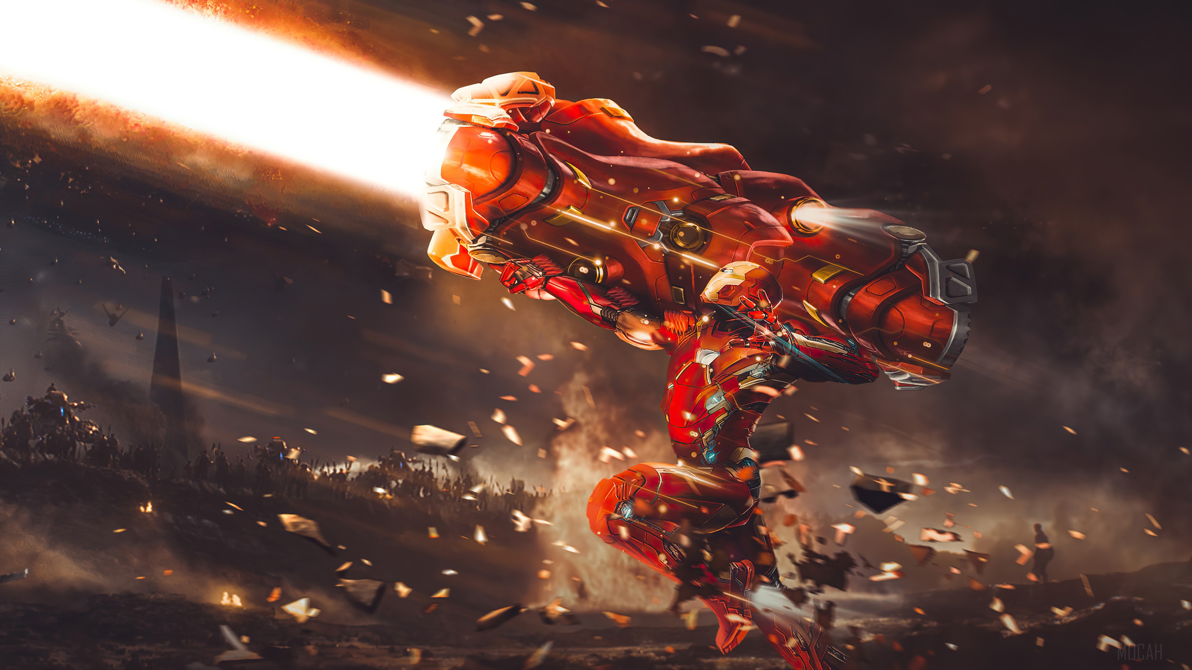 Iron Man Firing Proton Cannon in Action 4K HD Wallpaper