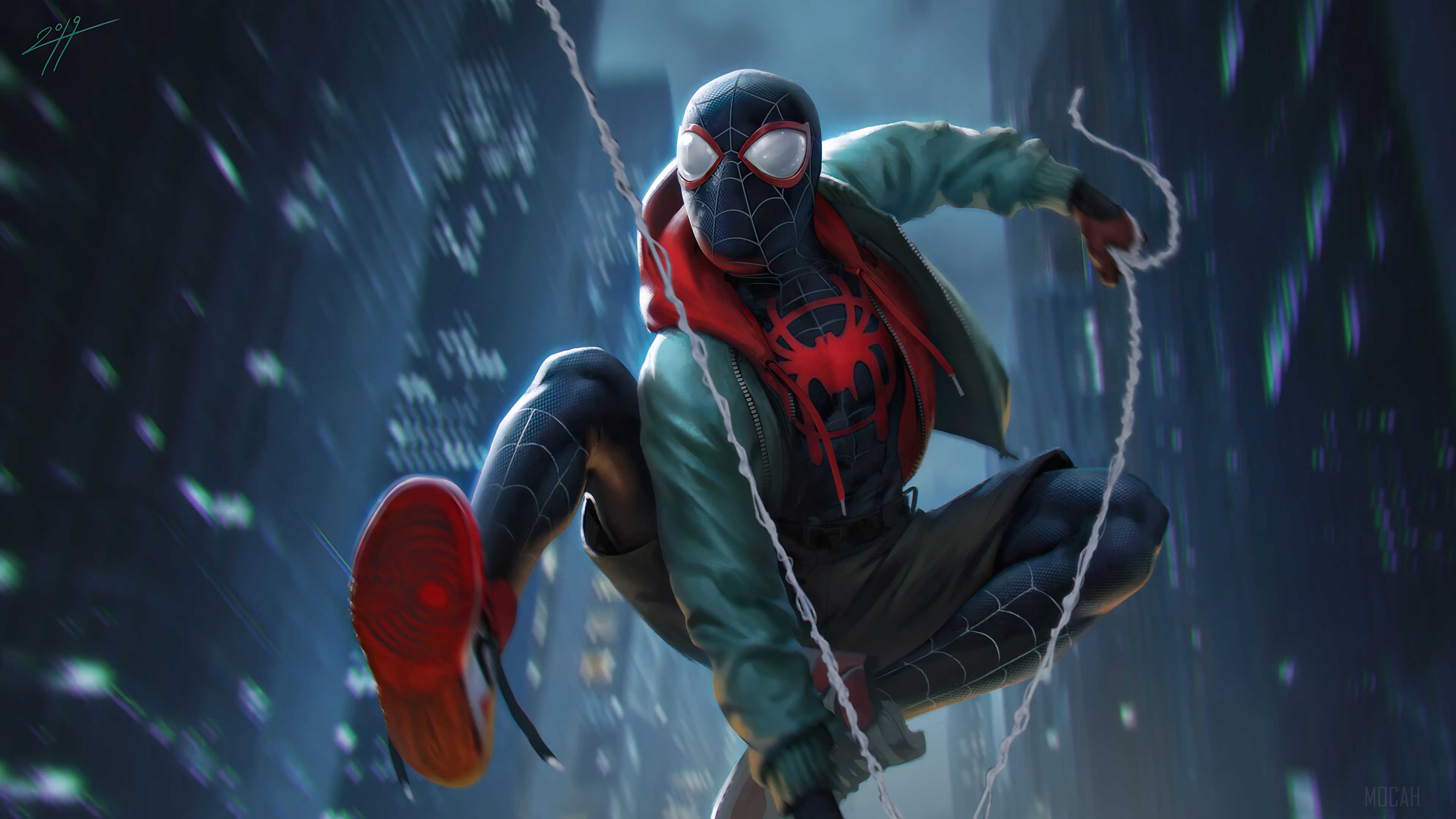 Miles Morales from Marvel Comics swinging through a city HD Wallpaper