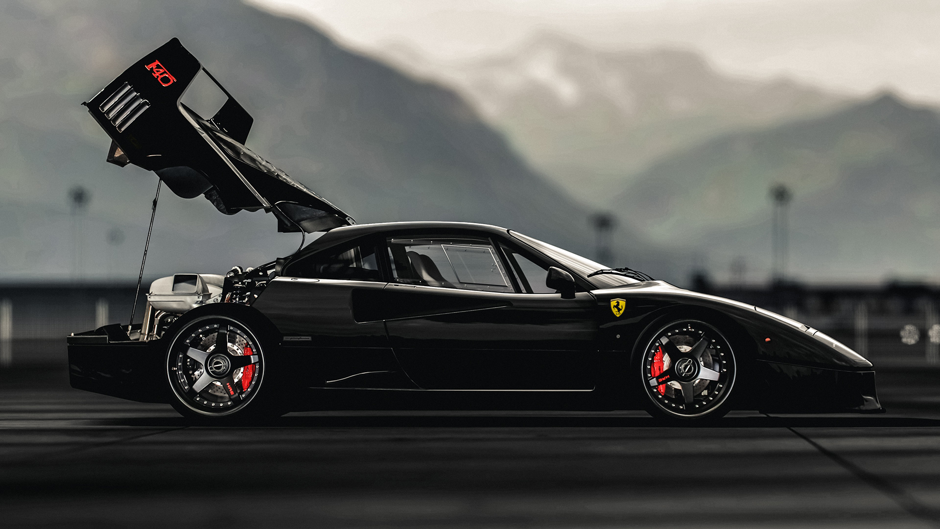 Black Ferrari F40 with Engine Exposed HD Wallpaper