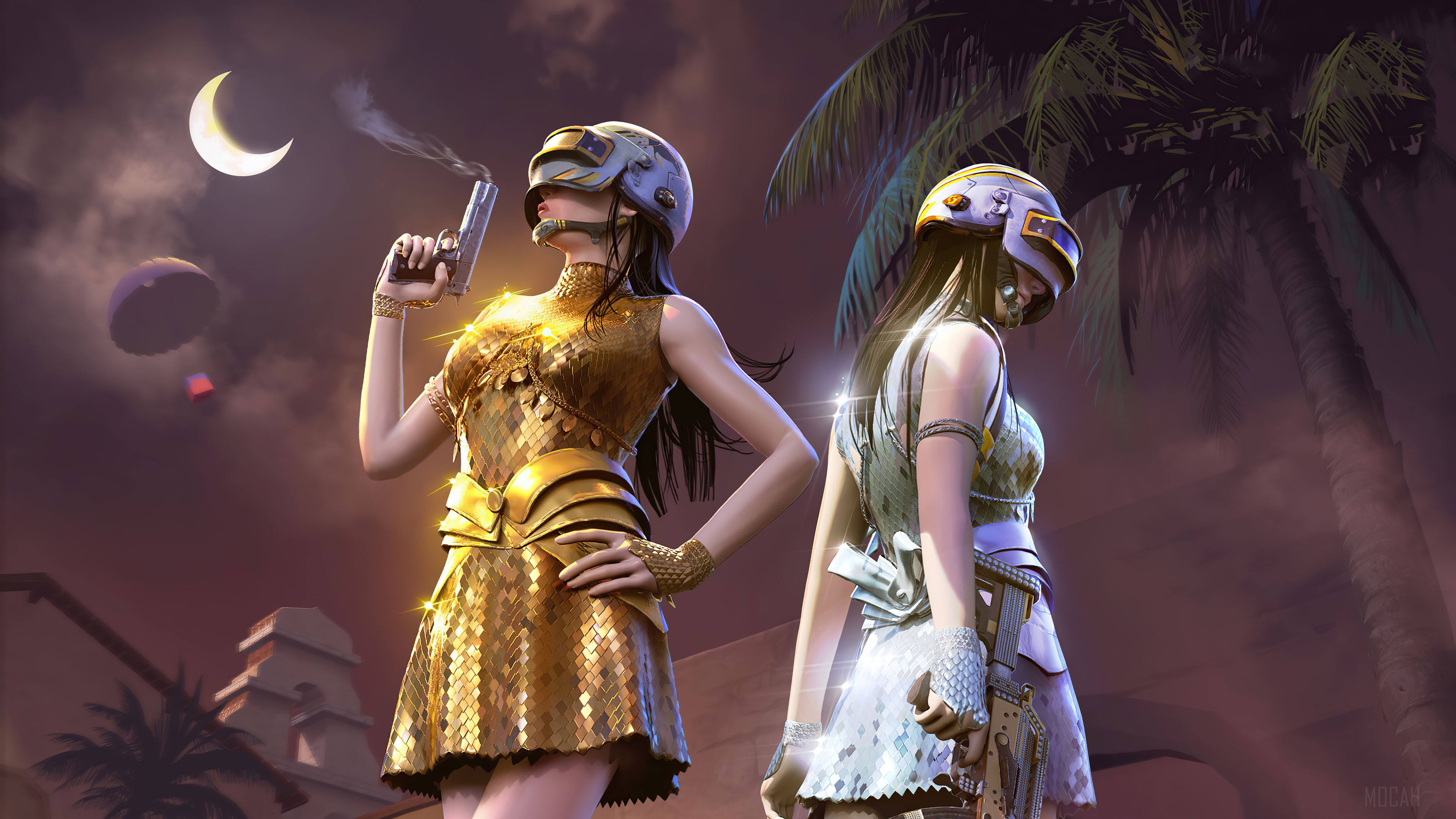 Two women in futuristic outfits with guns in PUBG Mobile 4K HD Wallpaper