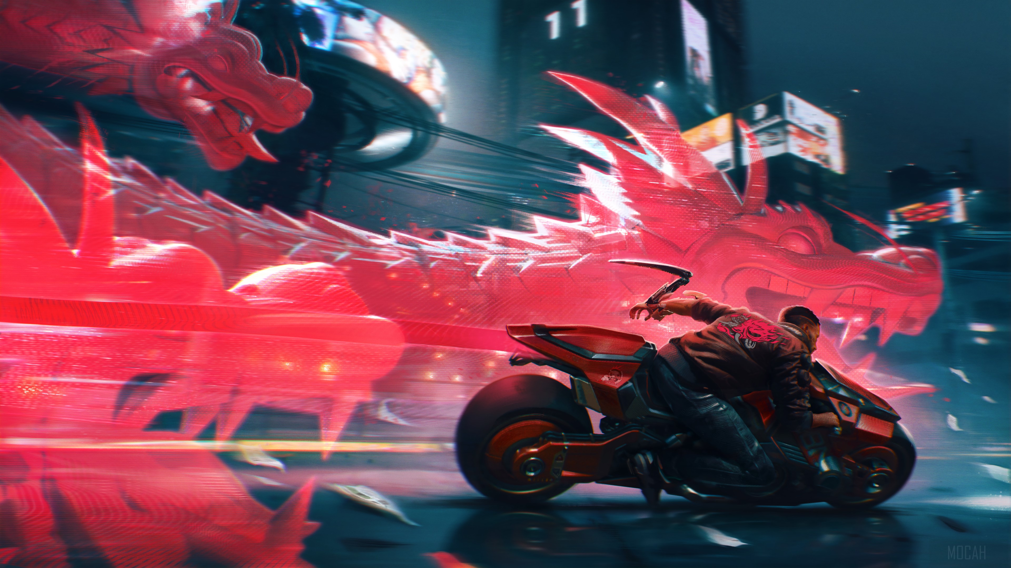 V from Cyberpunk 2077 on a motorcycle with a dragon HD Wallpaper