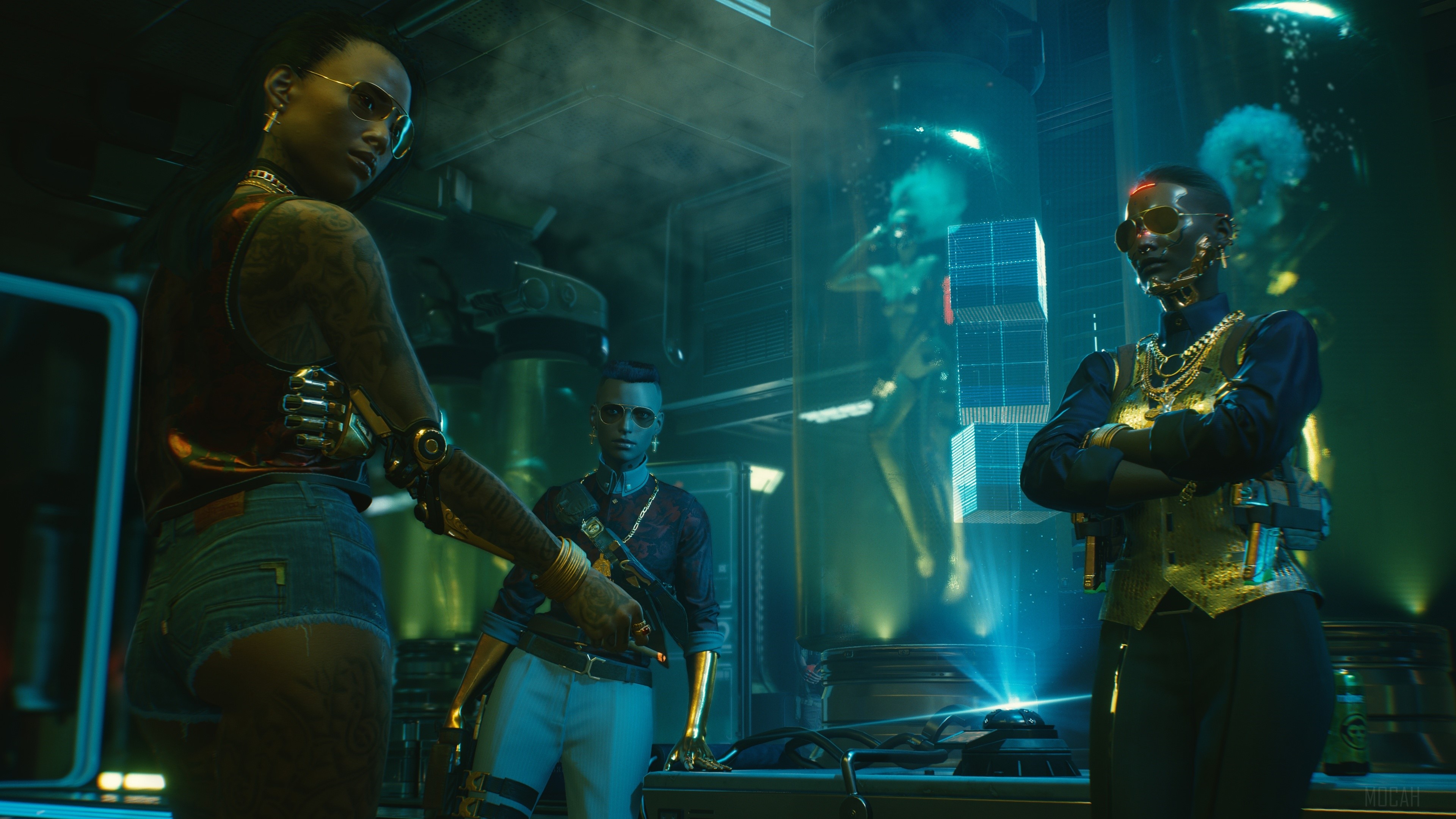 Cyberpunk 2077: Three women in a futuristic laboratory HD Wallpaper