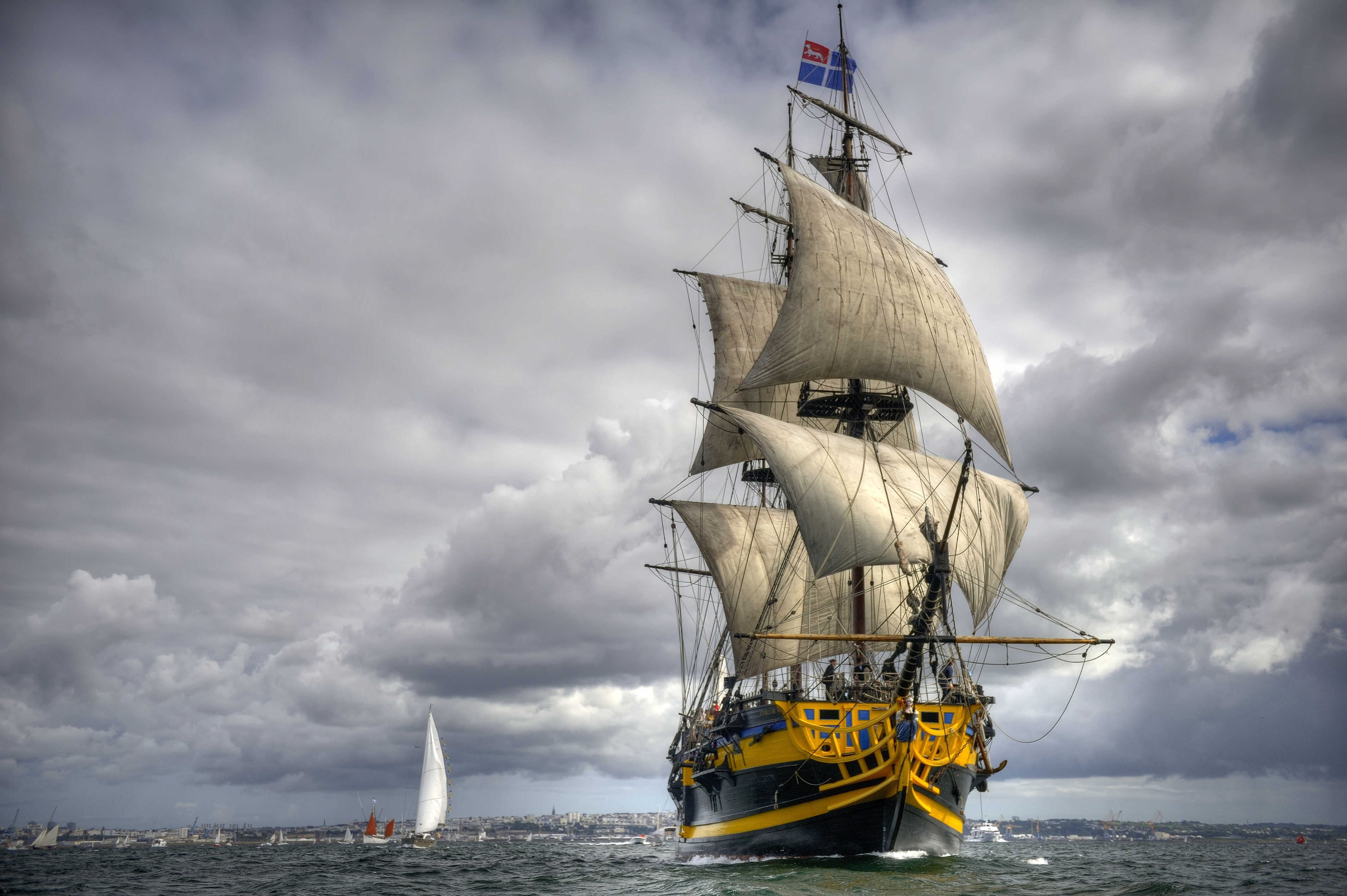 Tall ship with sails on the water HD Wallpaper