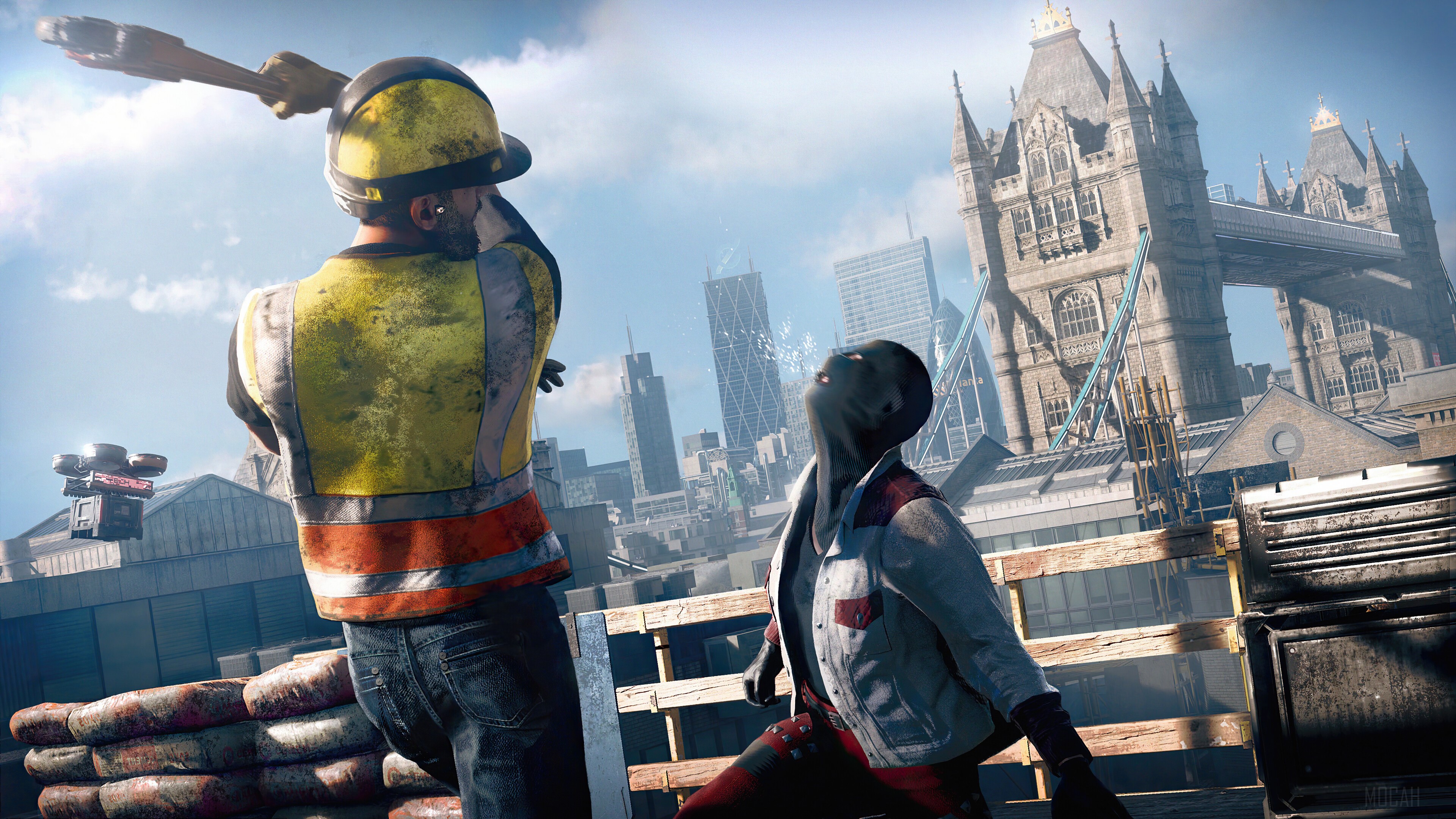 Watch Dogs Legion: Construction Worker and Drone near Tower Bridge HD Wallpaper