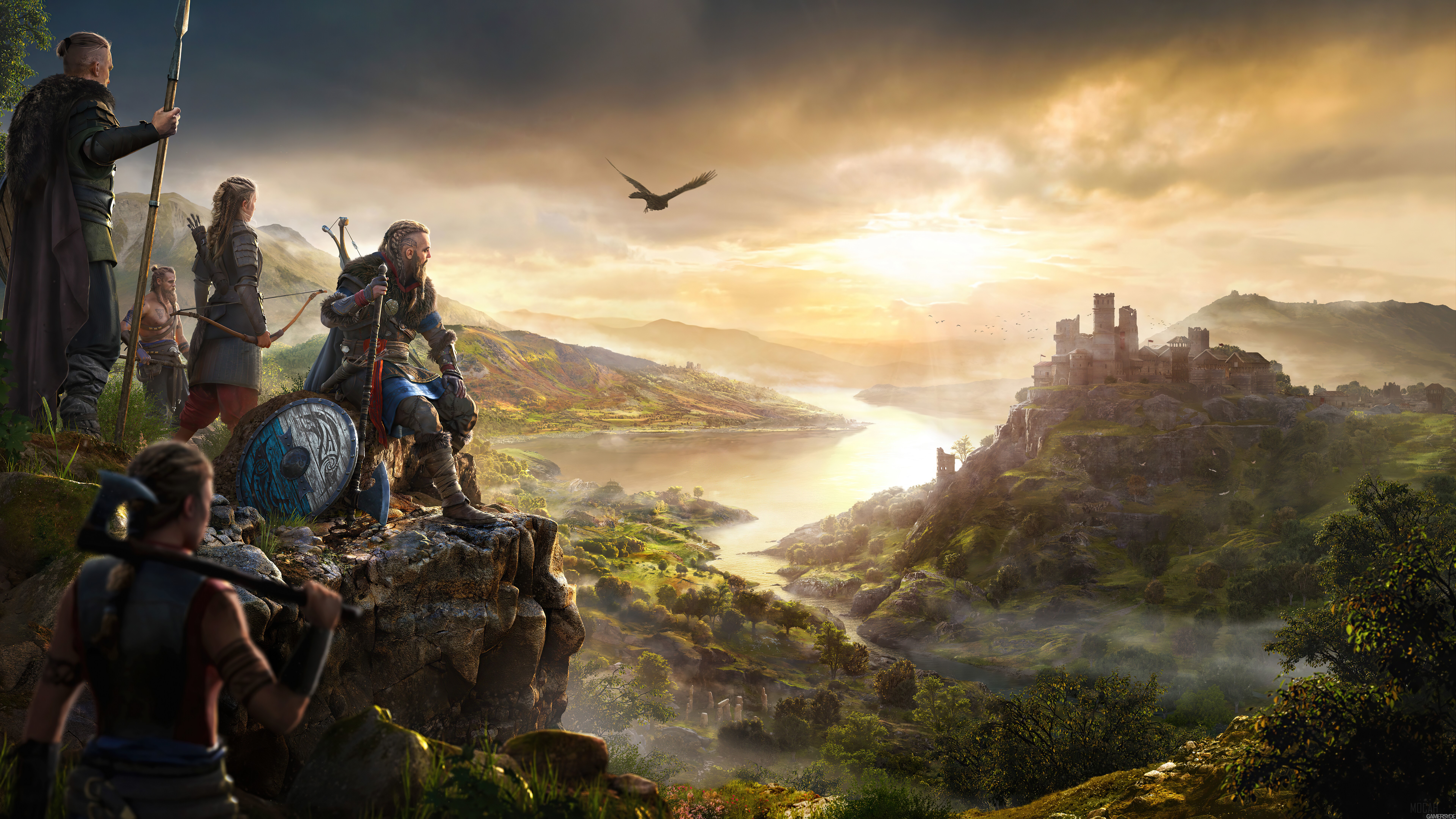 Eivor and Vikings overlook a valley with a castle in Assassin's Creed Valhalla 4K HD Wallpaper