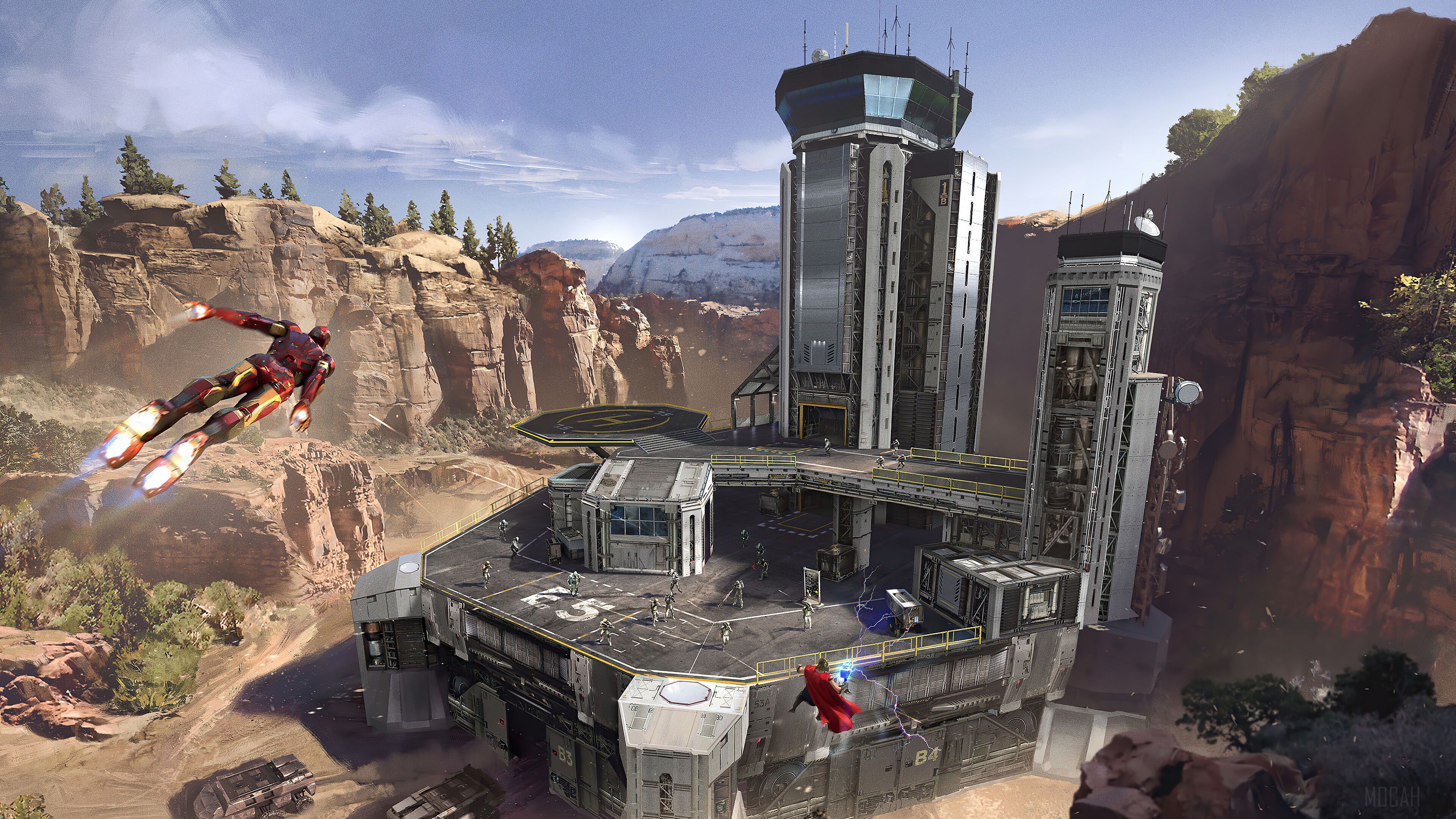 Iron Man and Thor from Marvel's Avengers in a desert base 4K HD Wallpaper