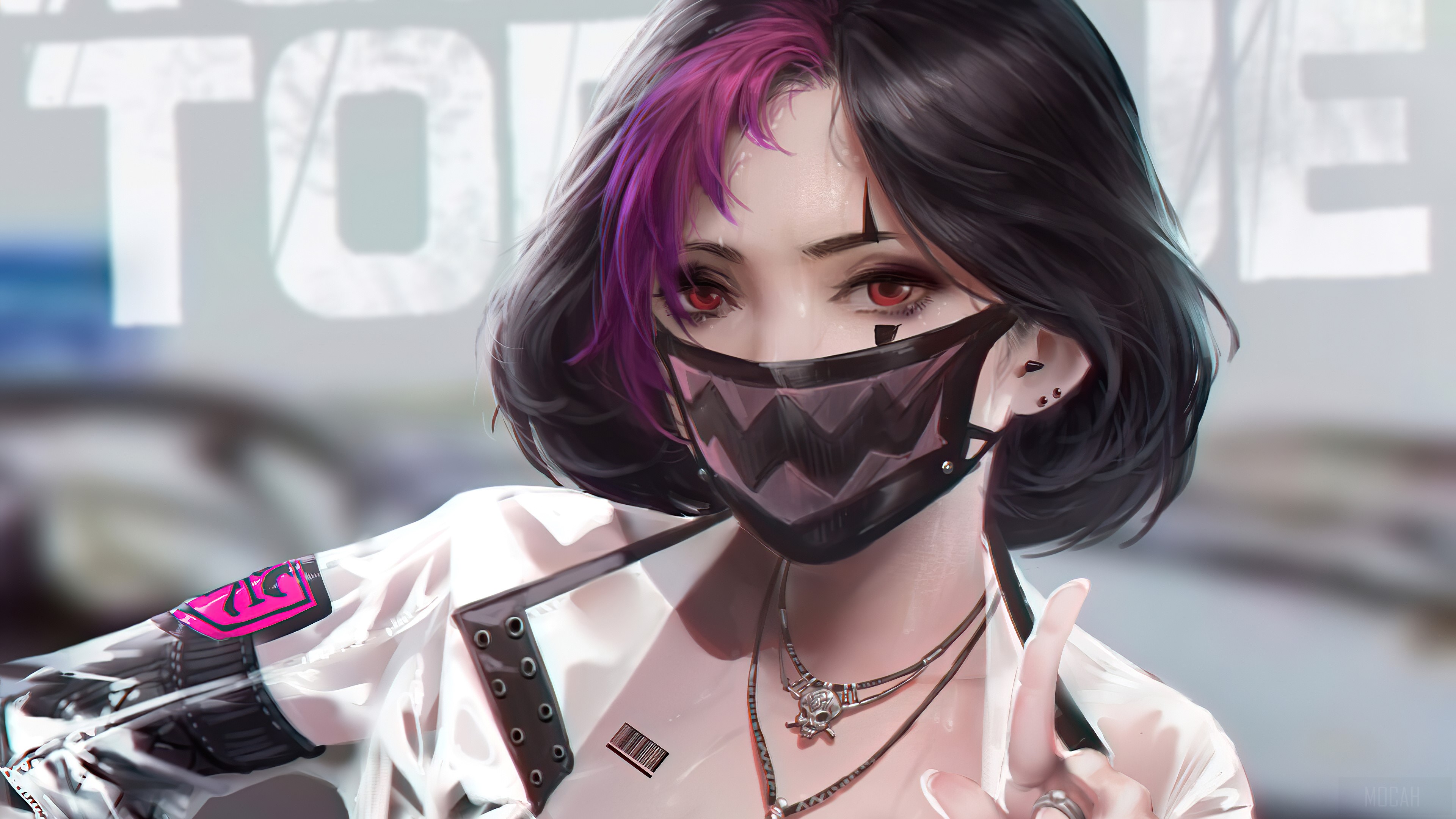 Anime girl with mask and purple hair 4K HD Wallpaper