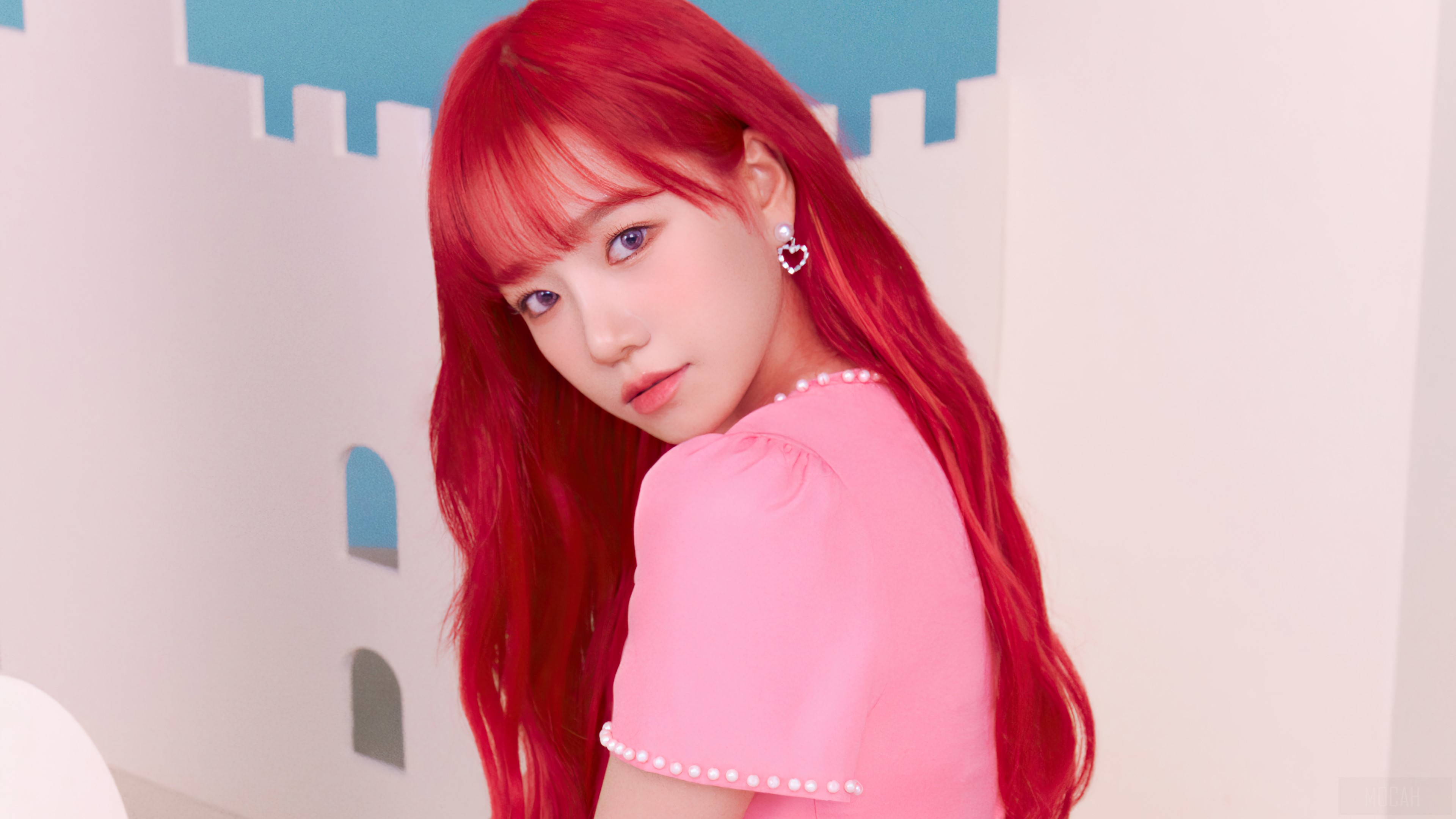 Jo Yuri from IZONE in pink dress HD Wallpaper