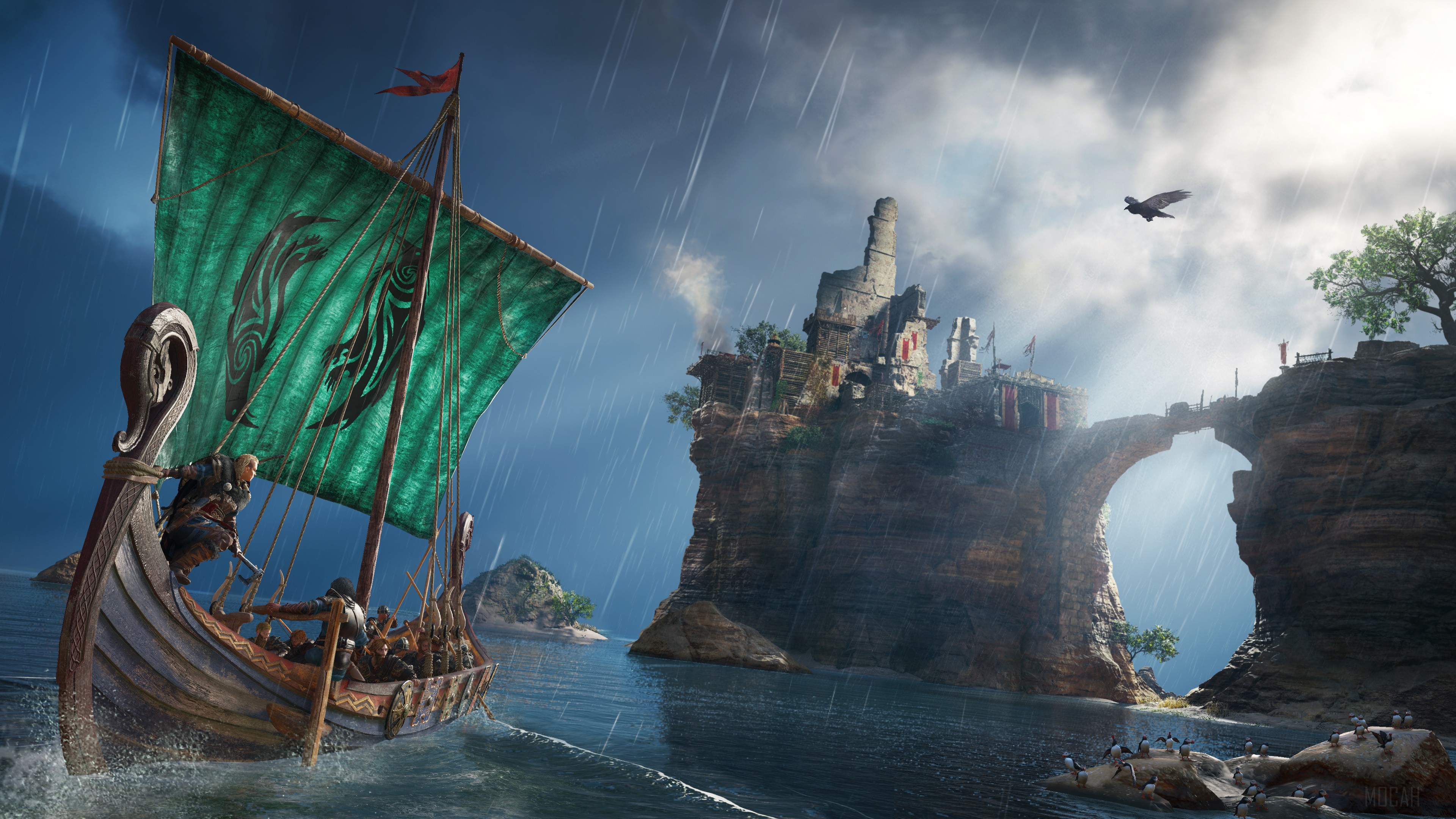Assassin's Creed Valhalla Viking longship sailing near a cliffside fortress HD Wallpaper