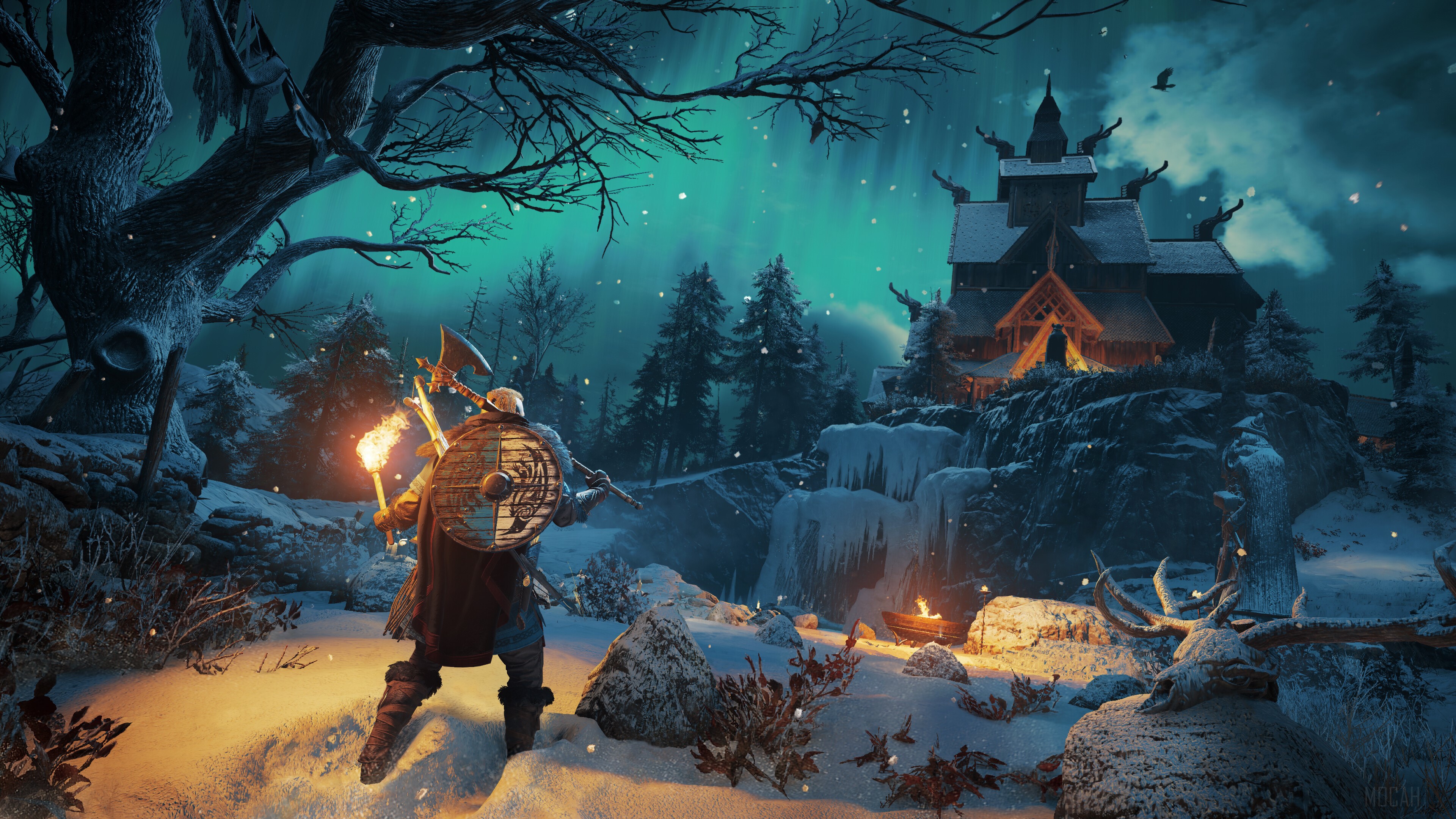 Assassin's Creed Valhalla Viking warrior in snowy landscape HD Wallpaper