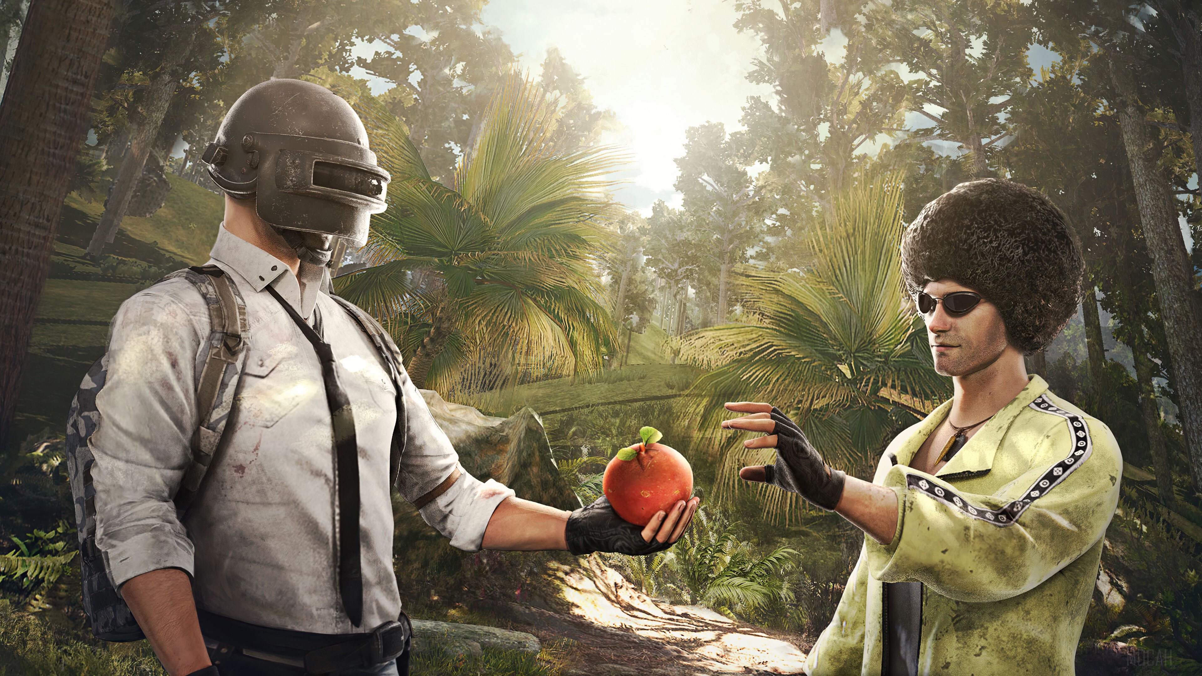 PUBG characters in a jungle with a fruit HD Wallpaper