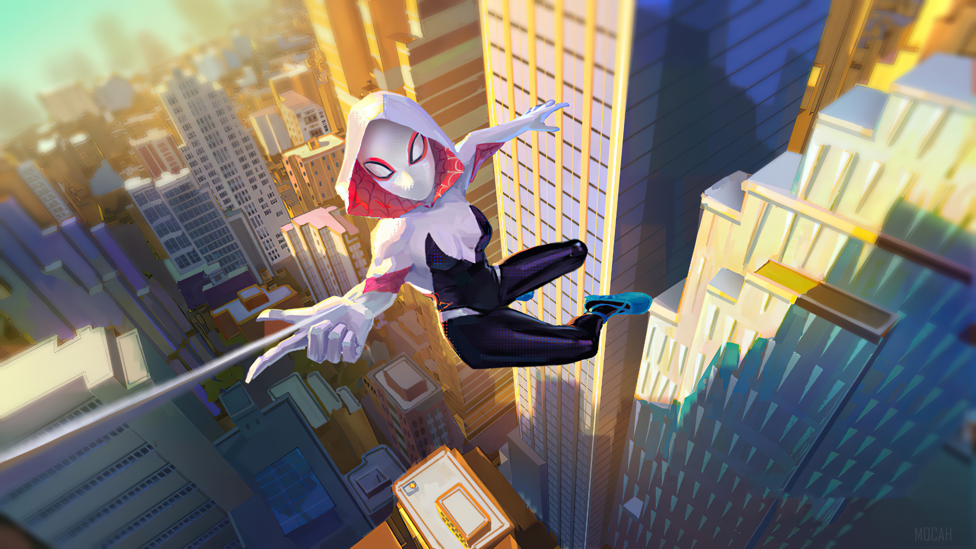 Spider-Gwen from Marvel Comics swinging through a city HD Wallpaper