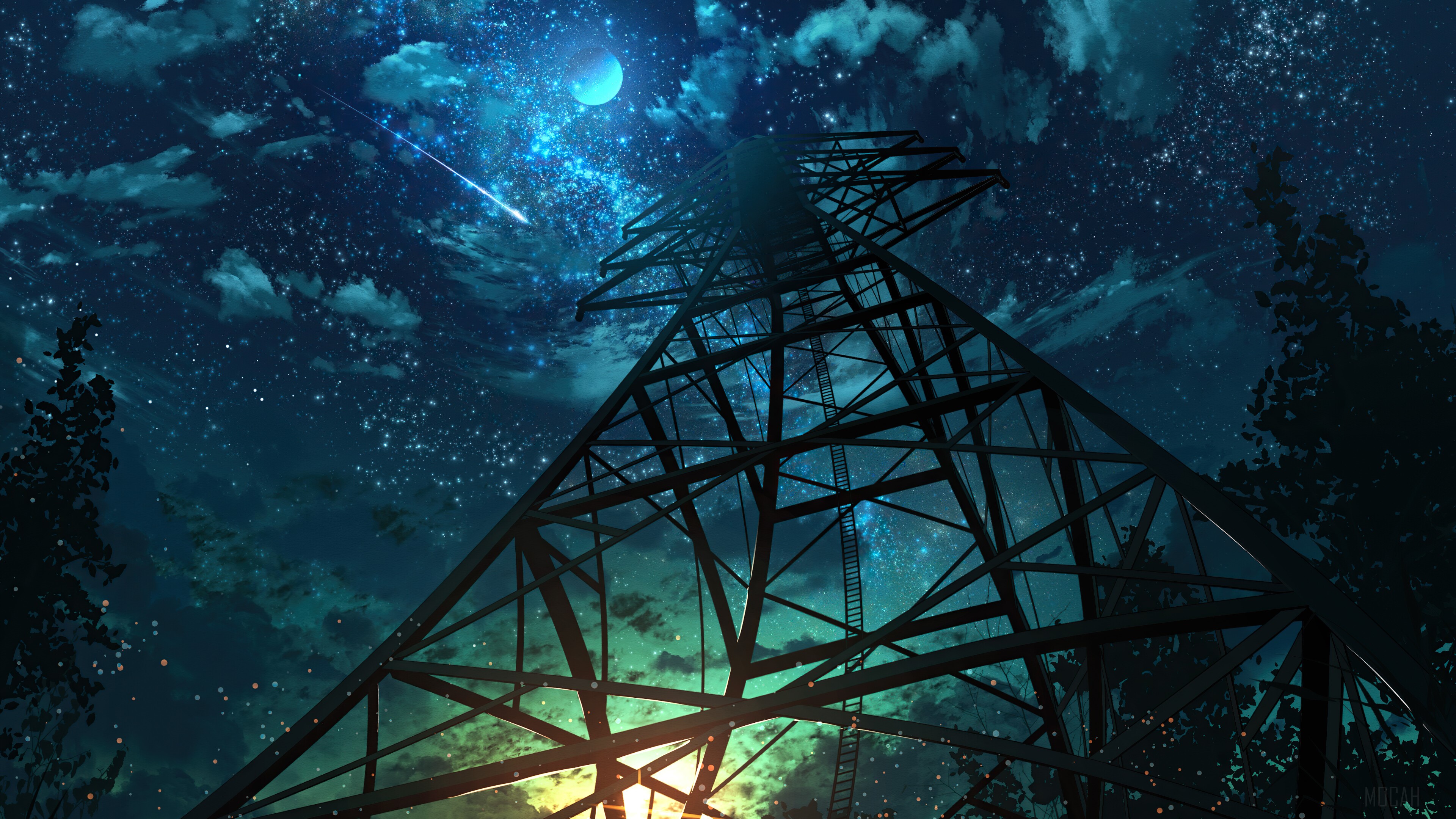 Anime Night Sky with Shooting Star and Transmission Tower HD Wallpaper