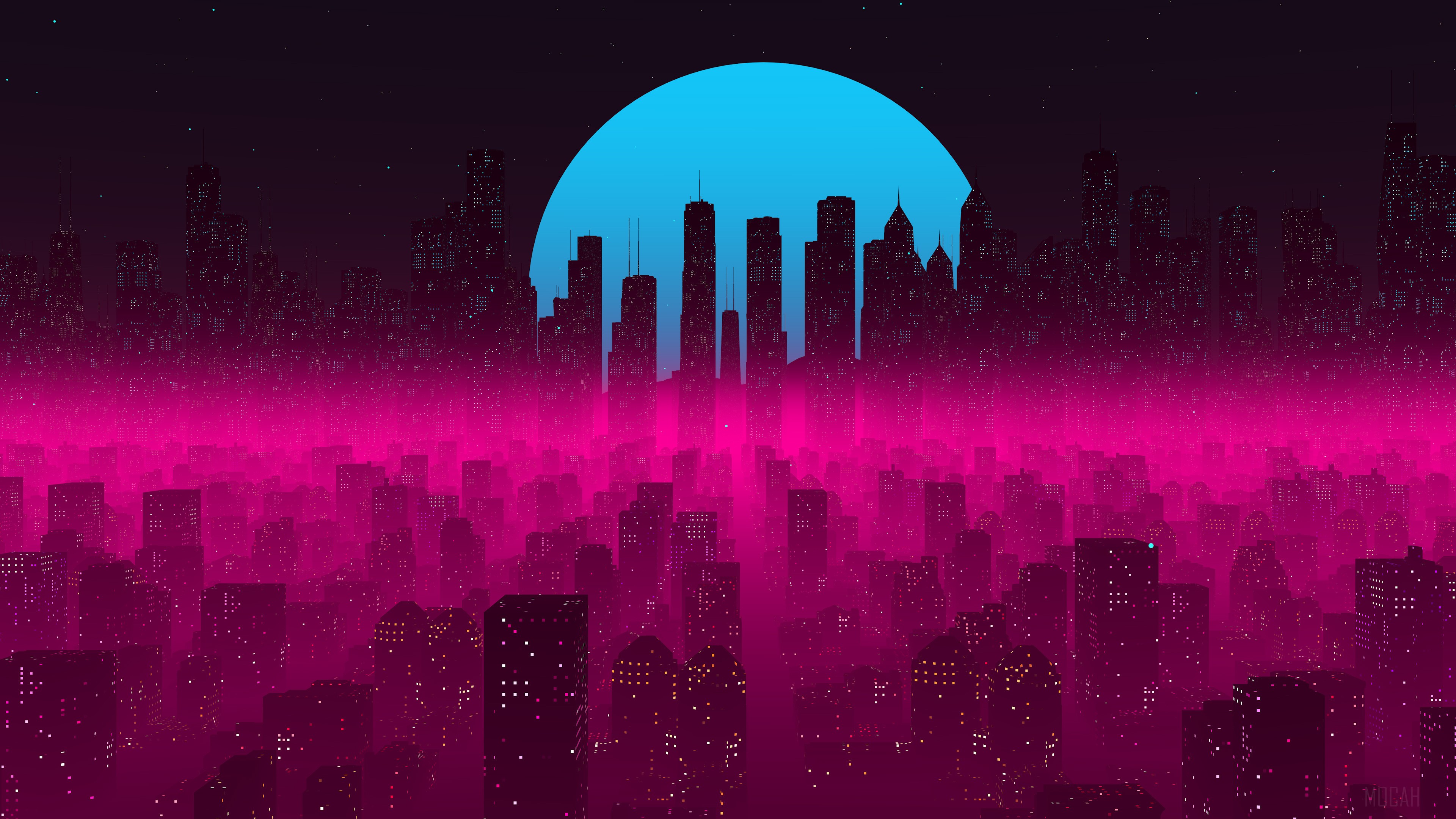 Neon Cityscape at Night with Blue Moon 4K HD Wallpaper