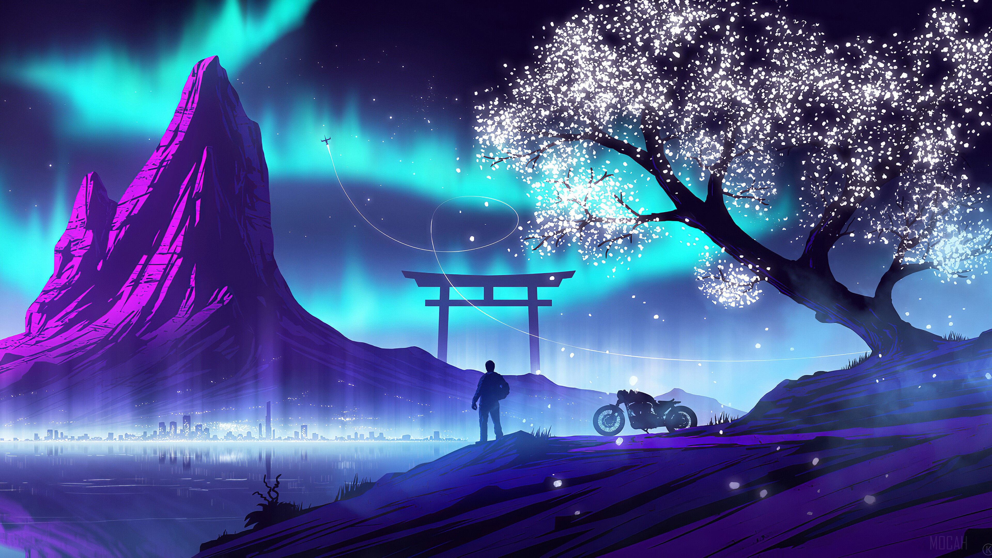 Biker Silhouette at Night with Northern Lights 4K HD Wallpaper