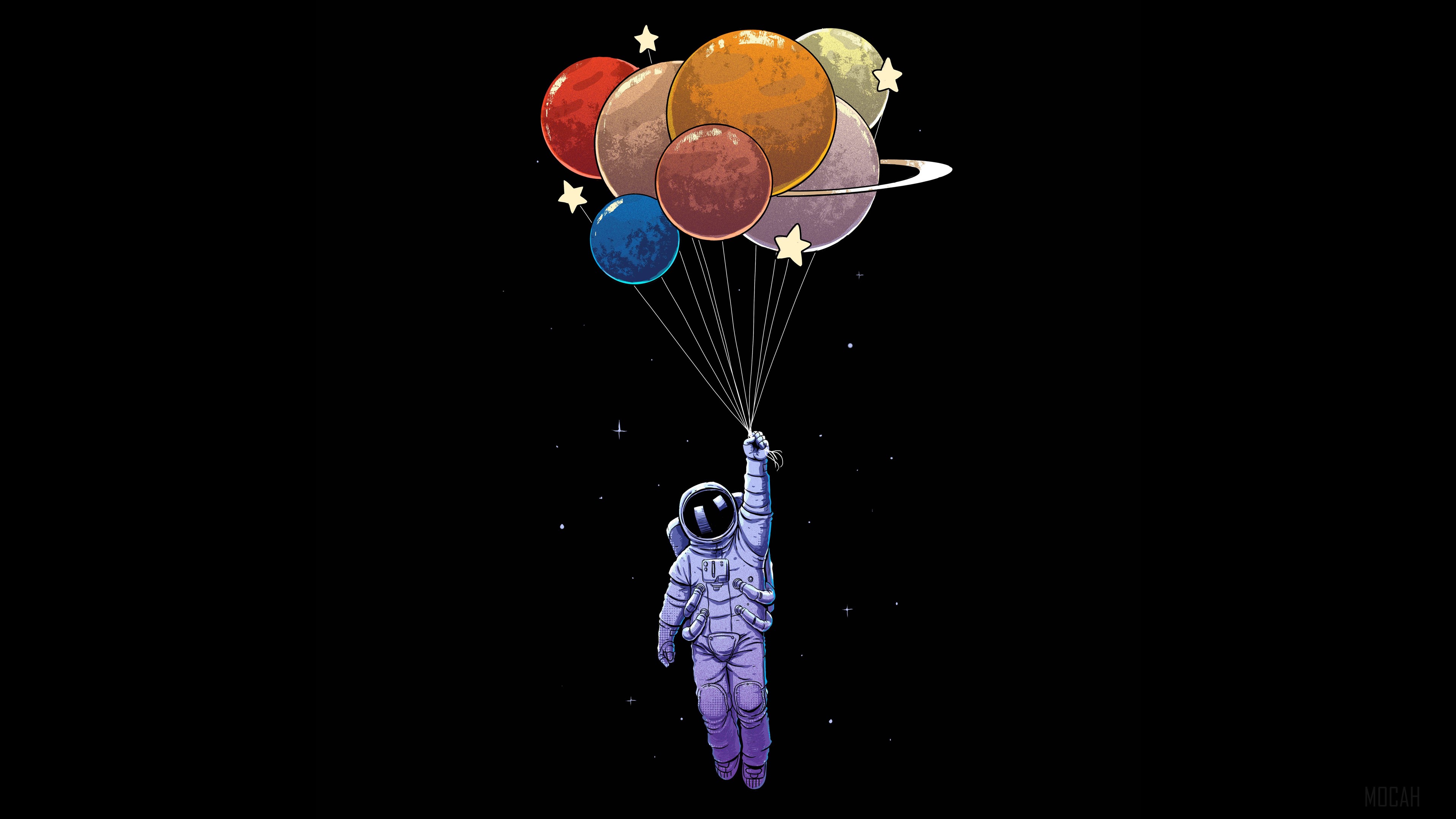 Astronaut holding planet balloons in space HD Wallpaper