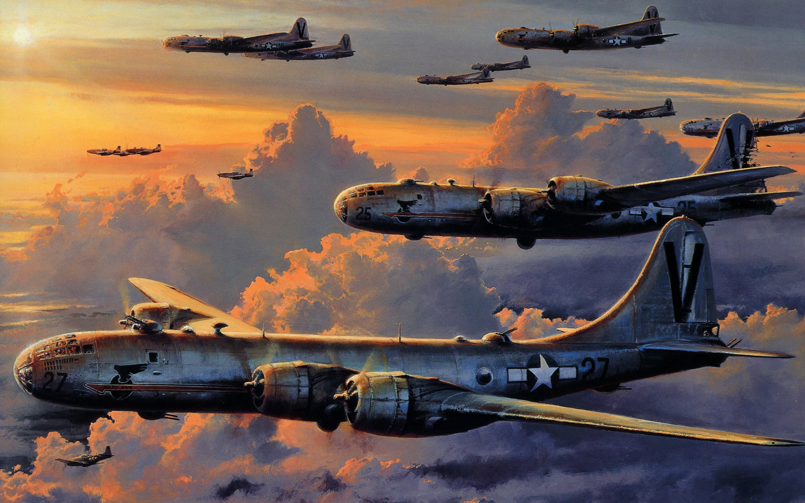 Boeing B-29 Superfortress bombers flying at sunset HD Wallpaper