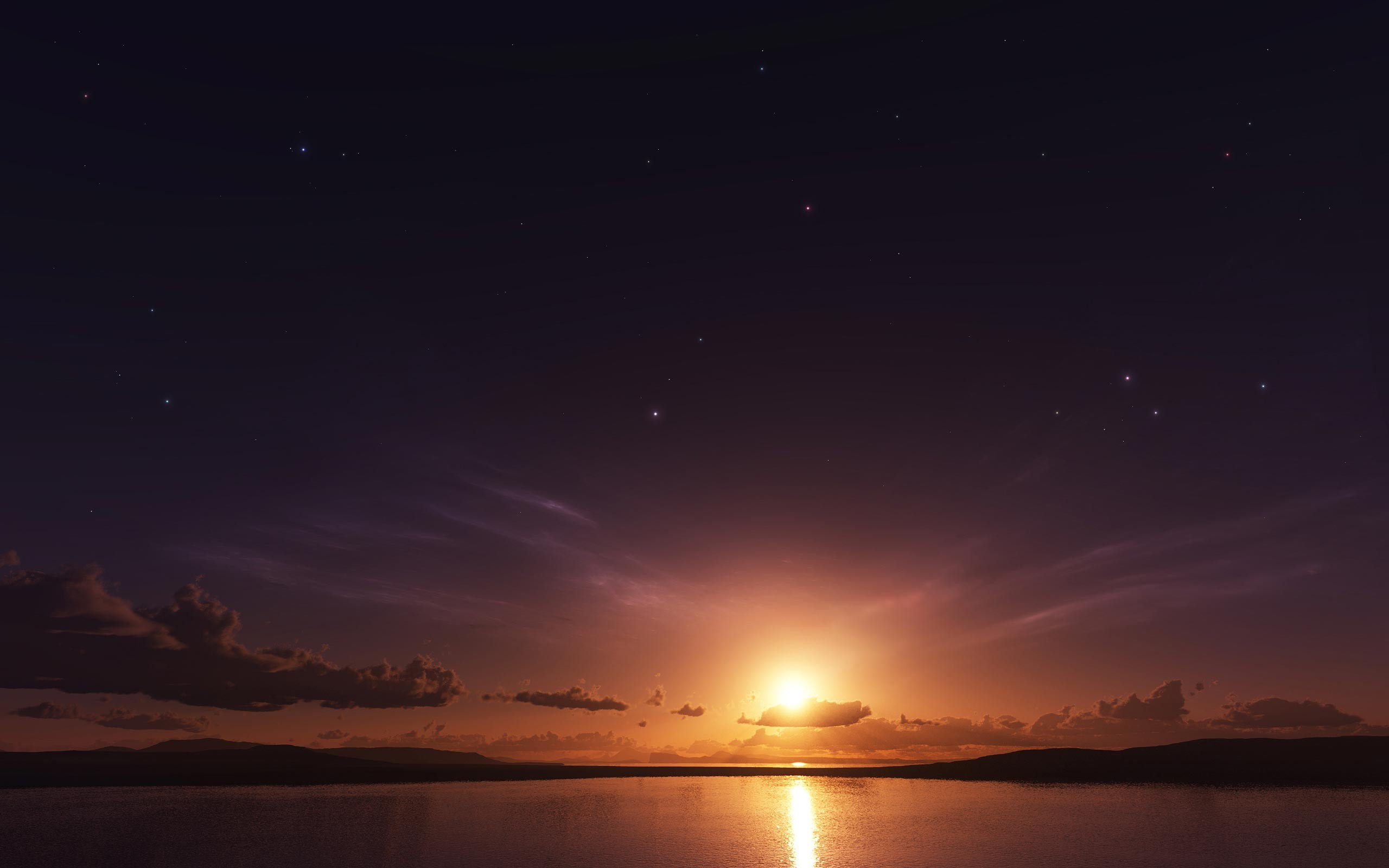 Sunset over a calm lake with stars in the sky HD Wallpaper