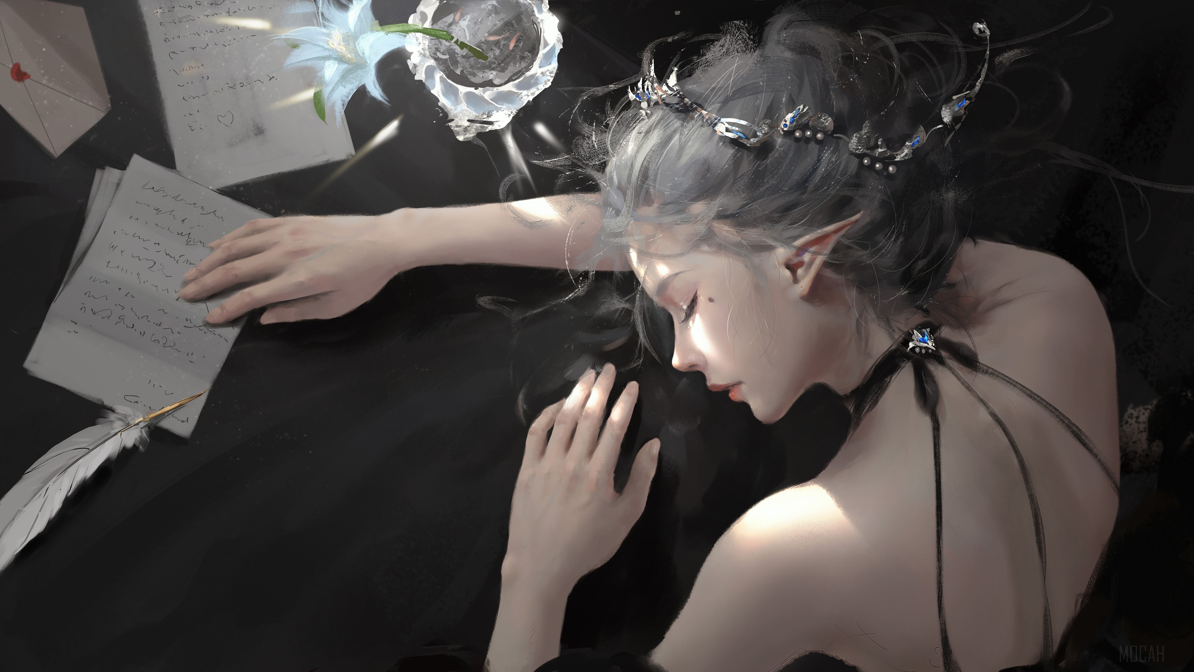 Elf girl sleeping among letters and flowers HD Wallpaper