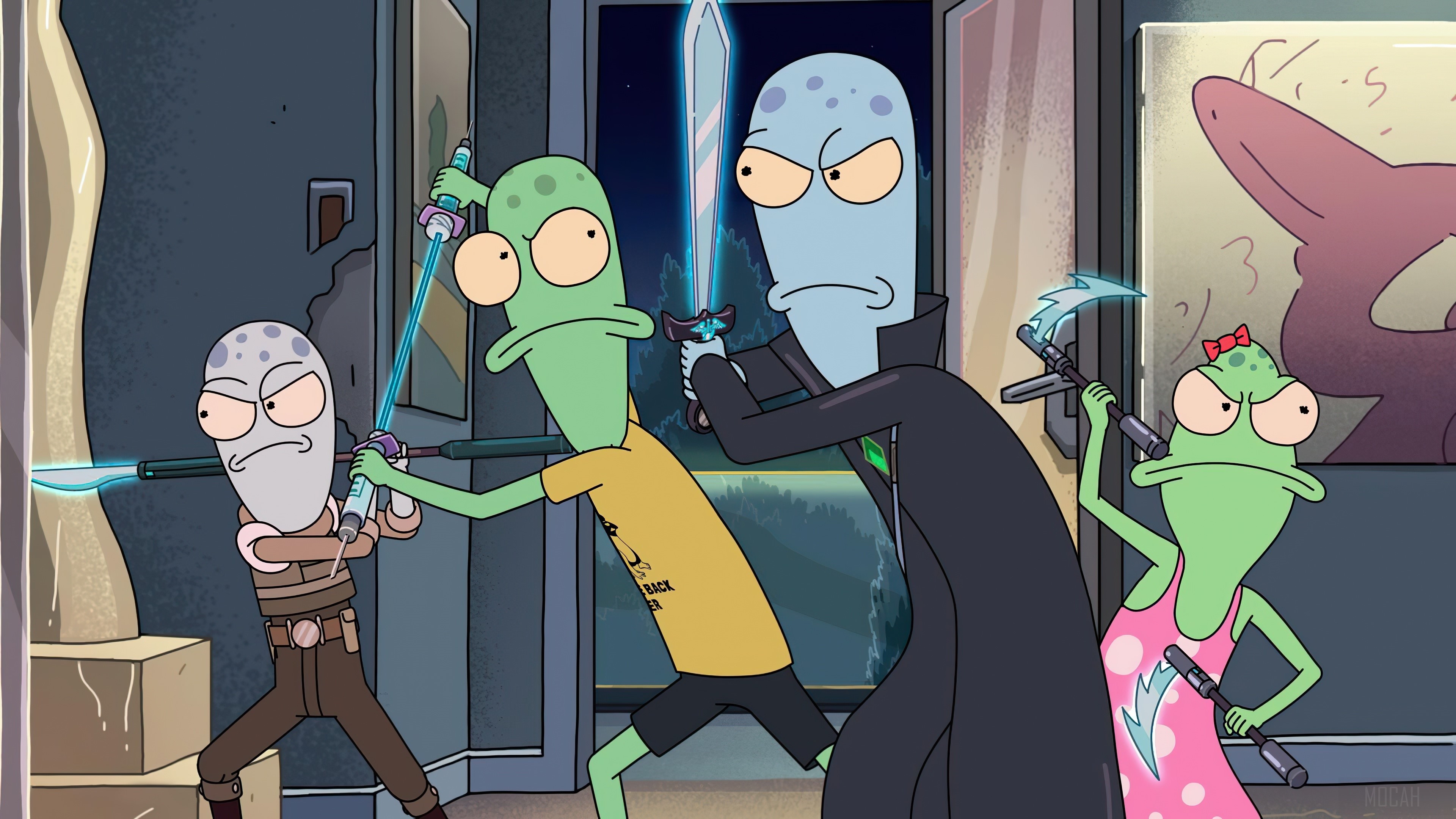 Solar Opposites: Korvo, Terry, Yumyulack, and Jesse with weapons HD Wallpaper