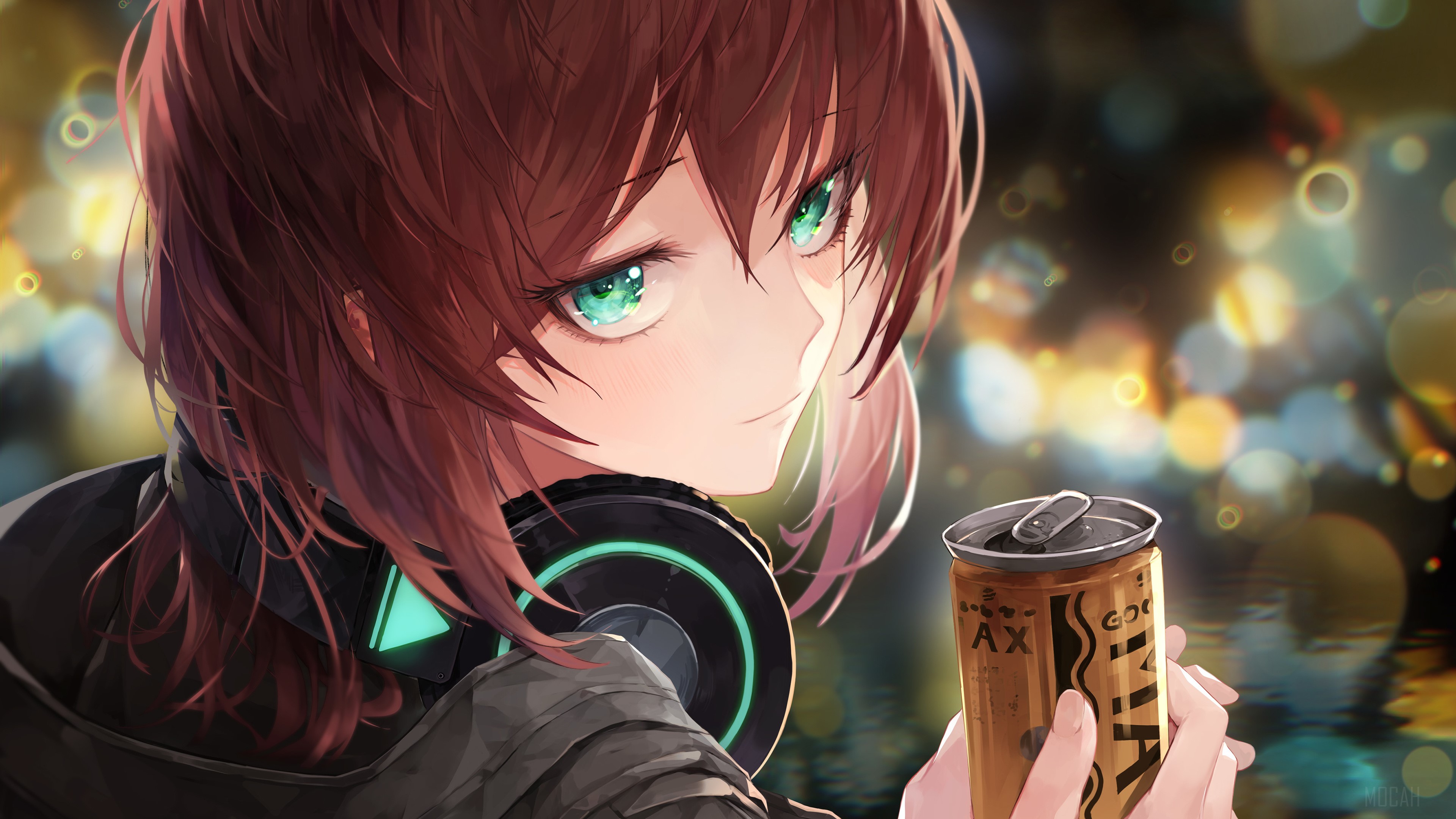 Anime Girl with Headphones Holding Coffee Can 4K HD Wallpaper