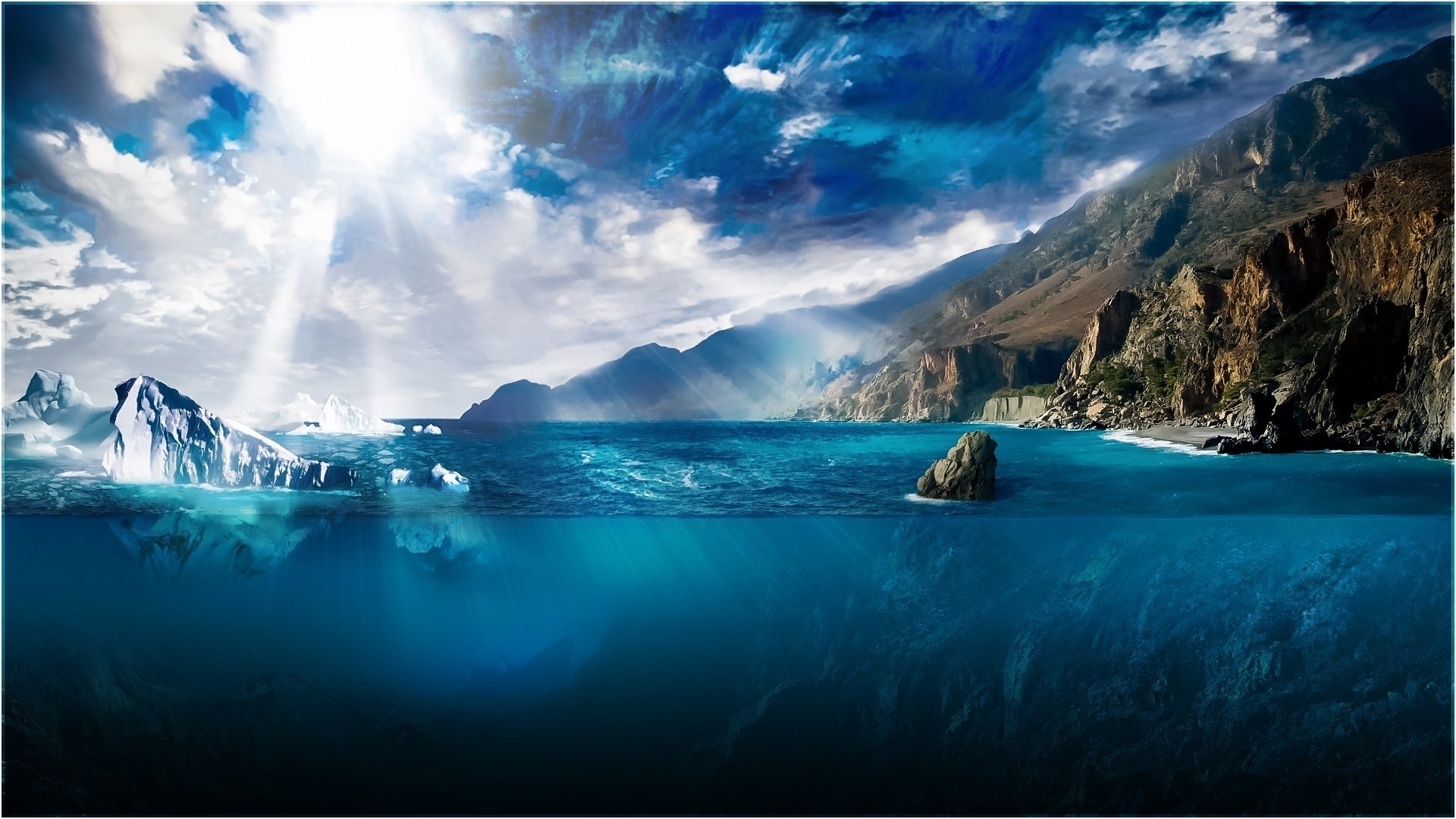 Icebergs and mountains under sunlight HD Wallpaper