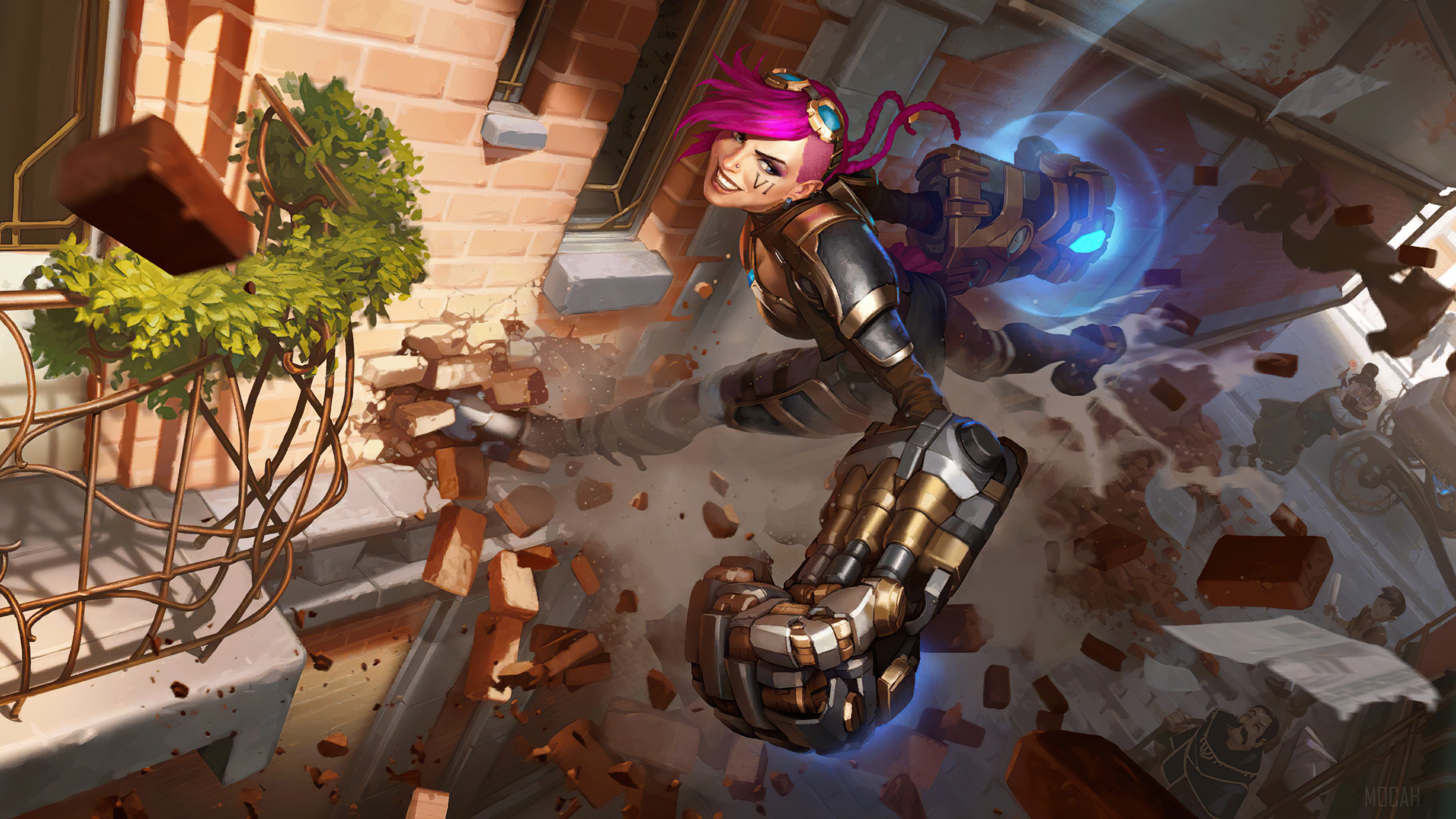 Vi from League of Legends breaking through a wall HD Wallpaper