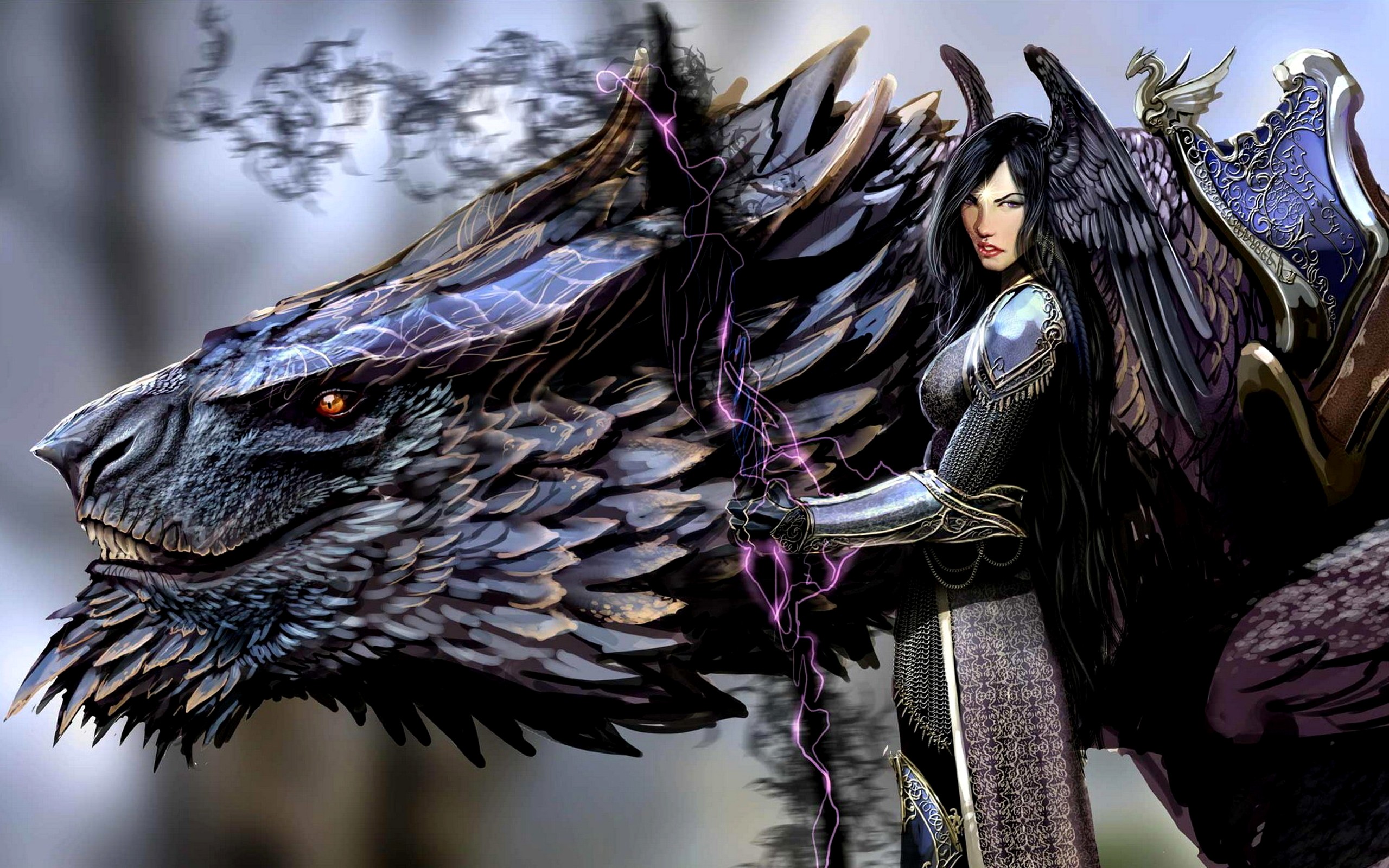Fantasy art of a woman and a dragon HD Wallpaper