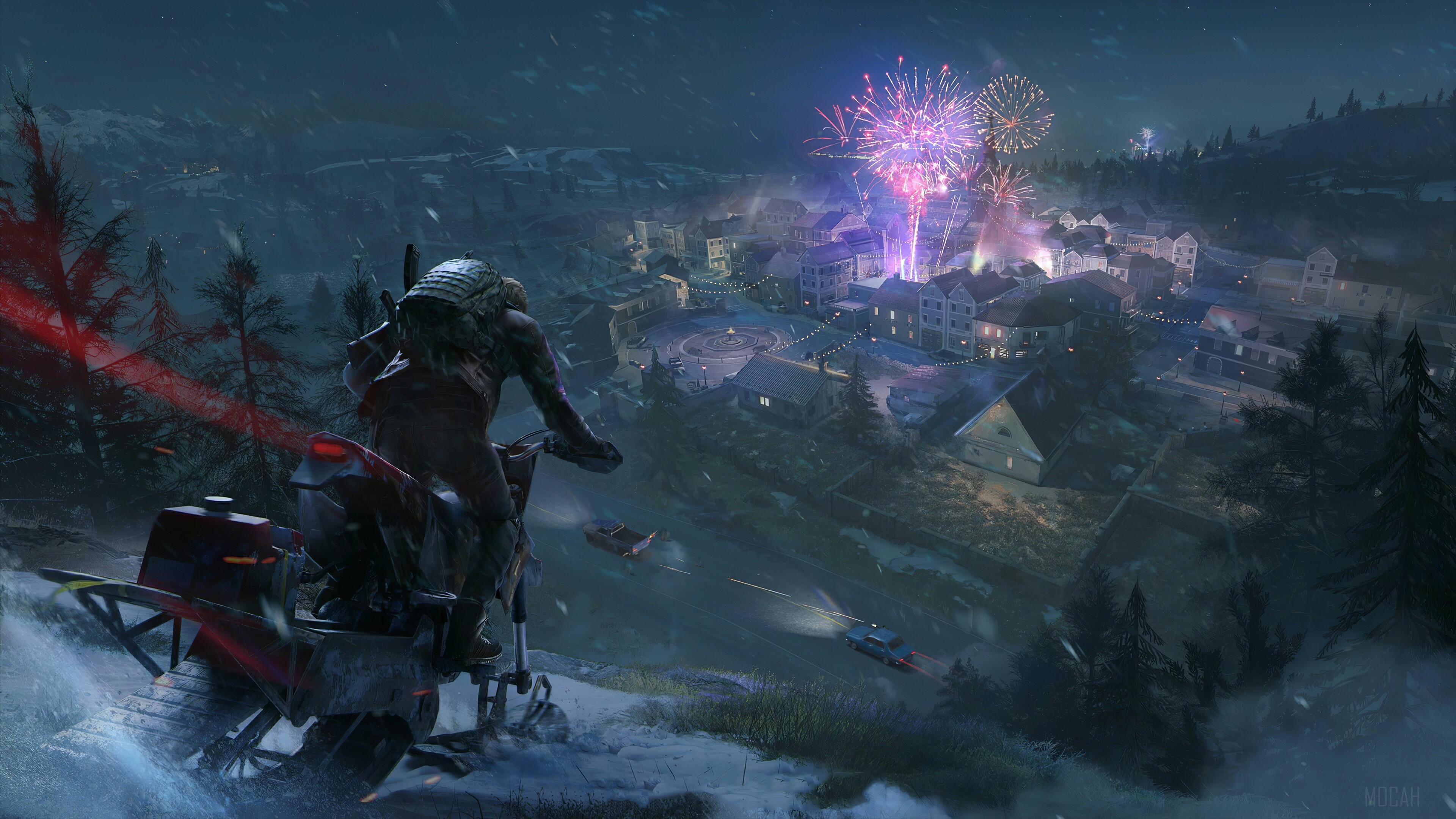 PlayerUnknowns Battlegrounds Snowbike with Fireworks 4K HD Wallpaper