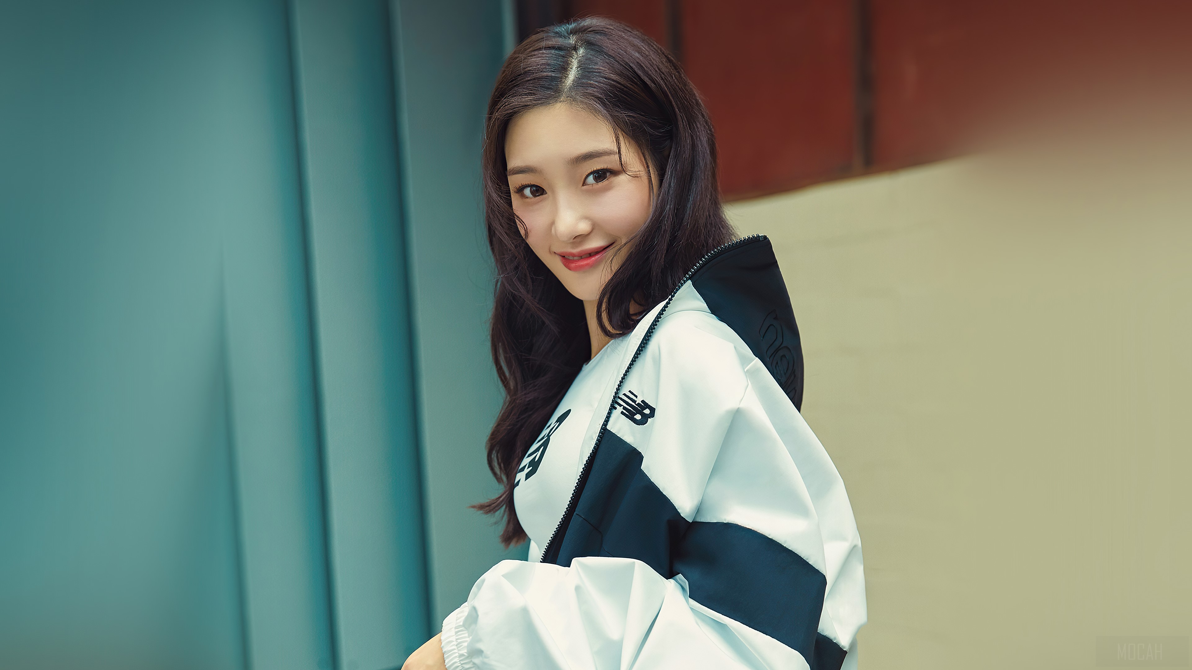 Chaeyeon Smiling in Stylish Black and White Jacket 4K HD Wallpaper