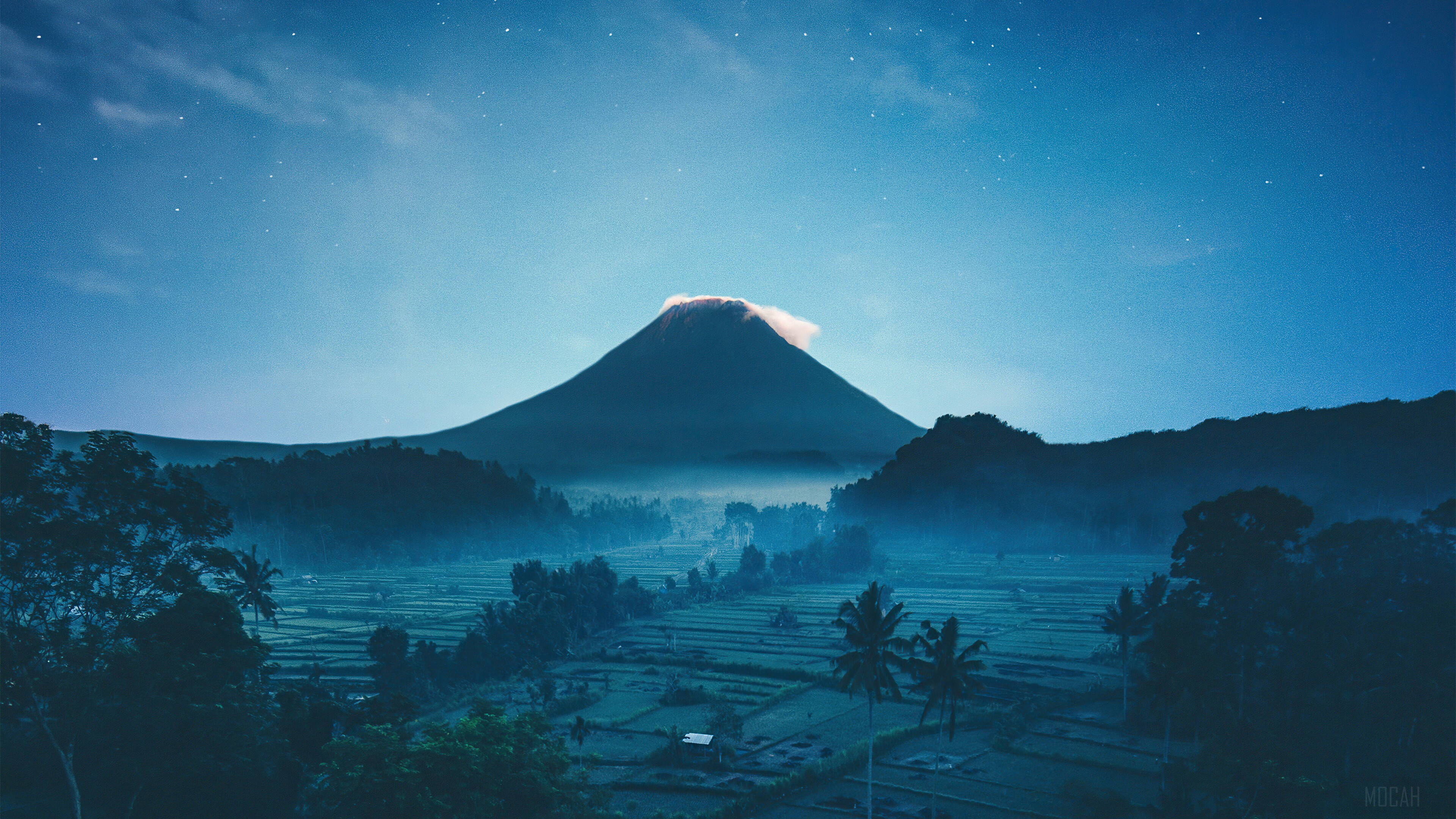 Volcano landscape with rice fields at night HD Wallpaper