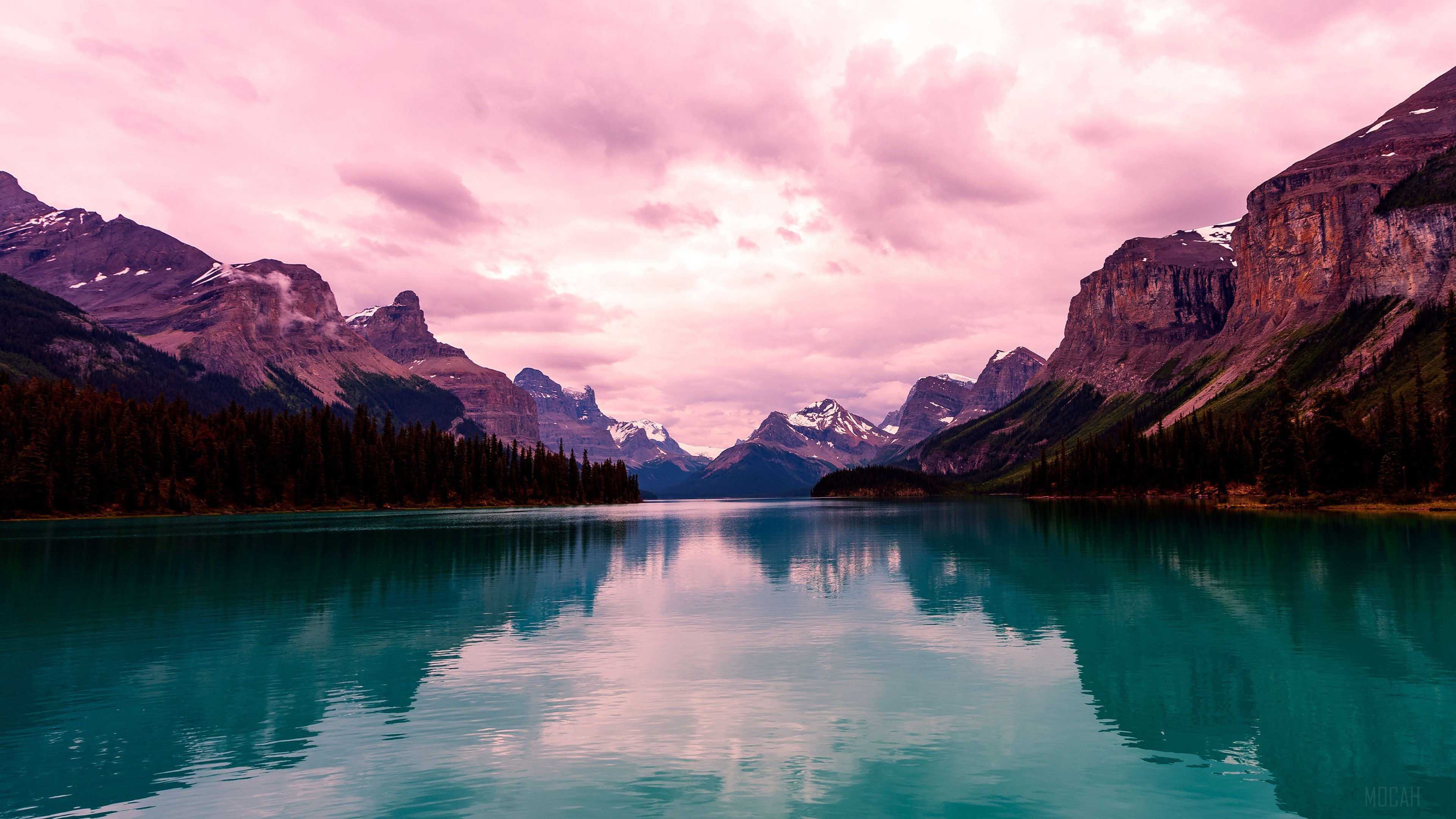 Turquoise lake and mountains with pink clouds 4K HD Wallpaper