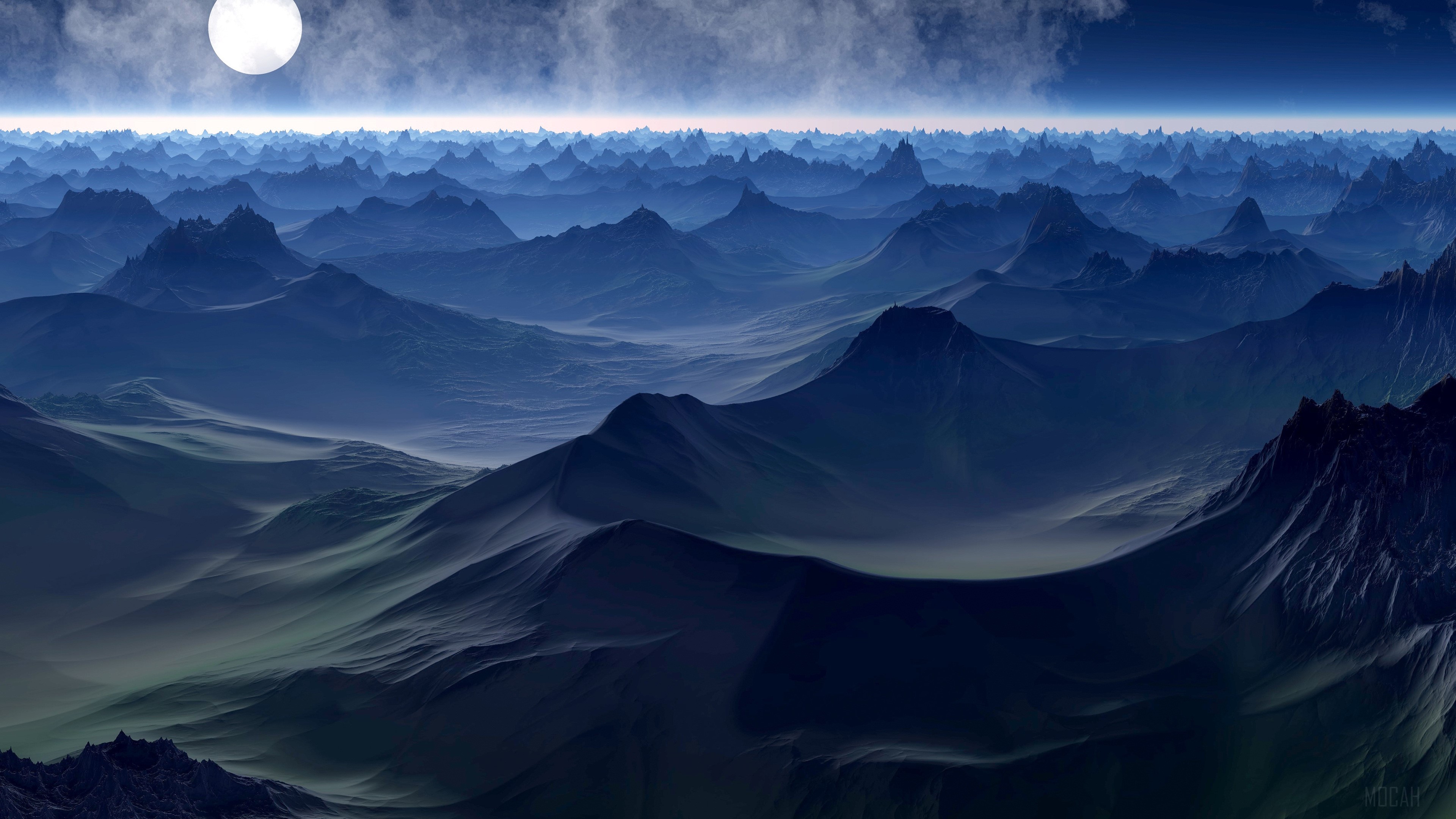 Fantasy landscape with moon and mountains 4K HD Wallpaper