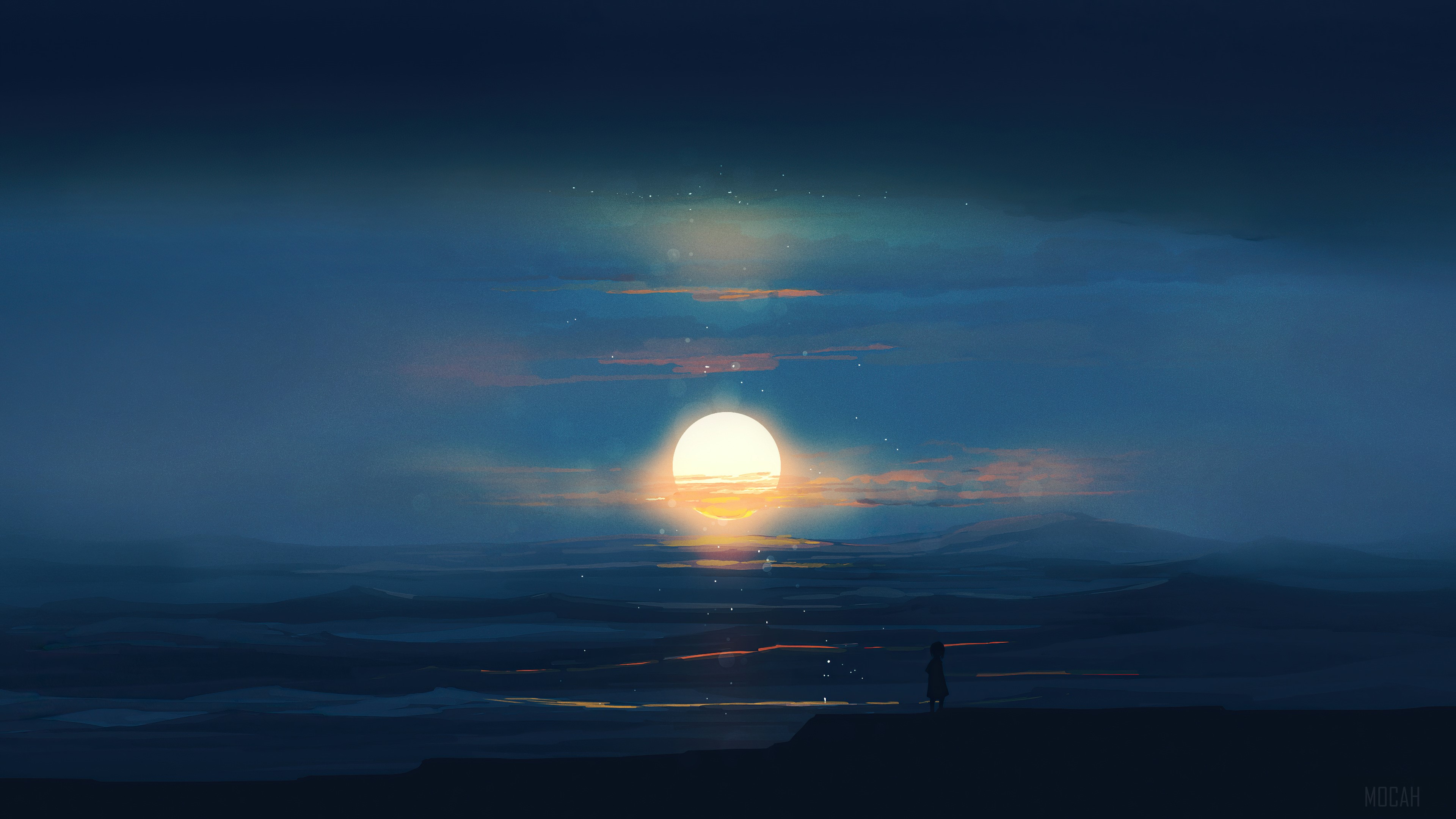 Sunset over the ocean with a lone figure HD Wallpaper