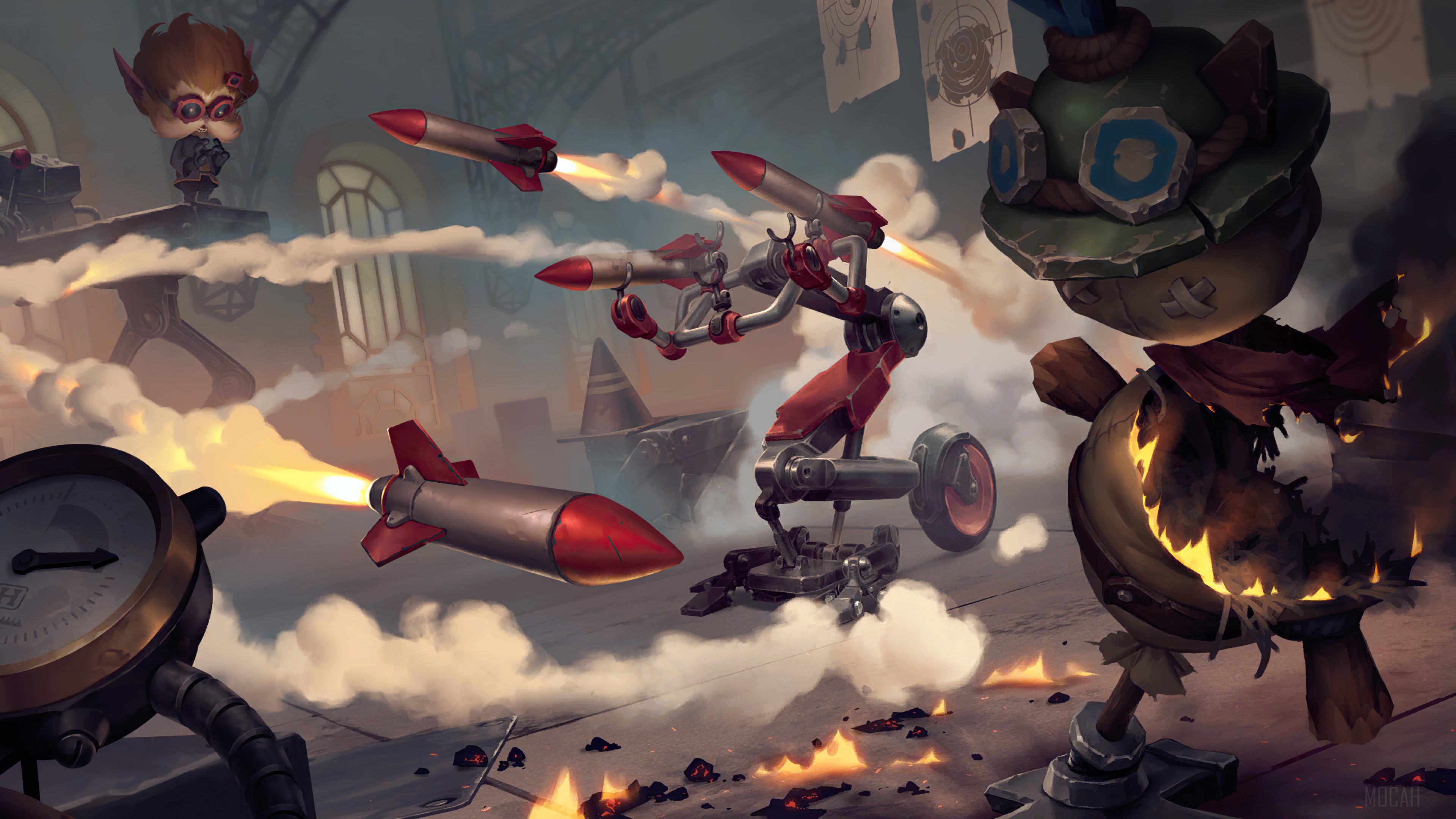 Tristana and a robot firing rockets in Legends of Runeterra 4K HD Wallpaper