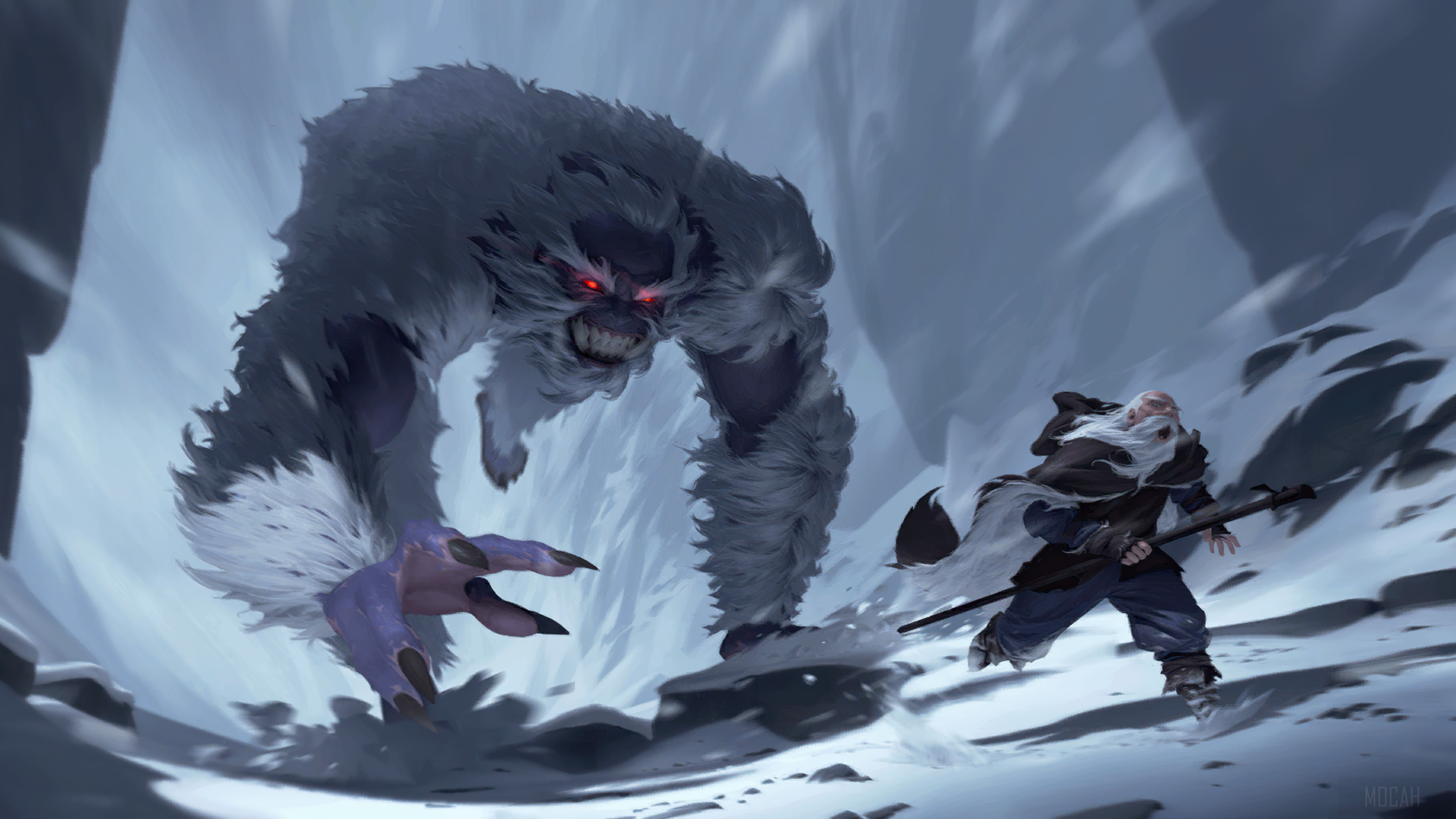 Yeti attacking an old man in Legends of Runeterra 4K HD Wallpaper