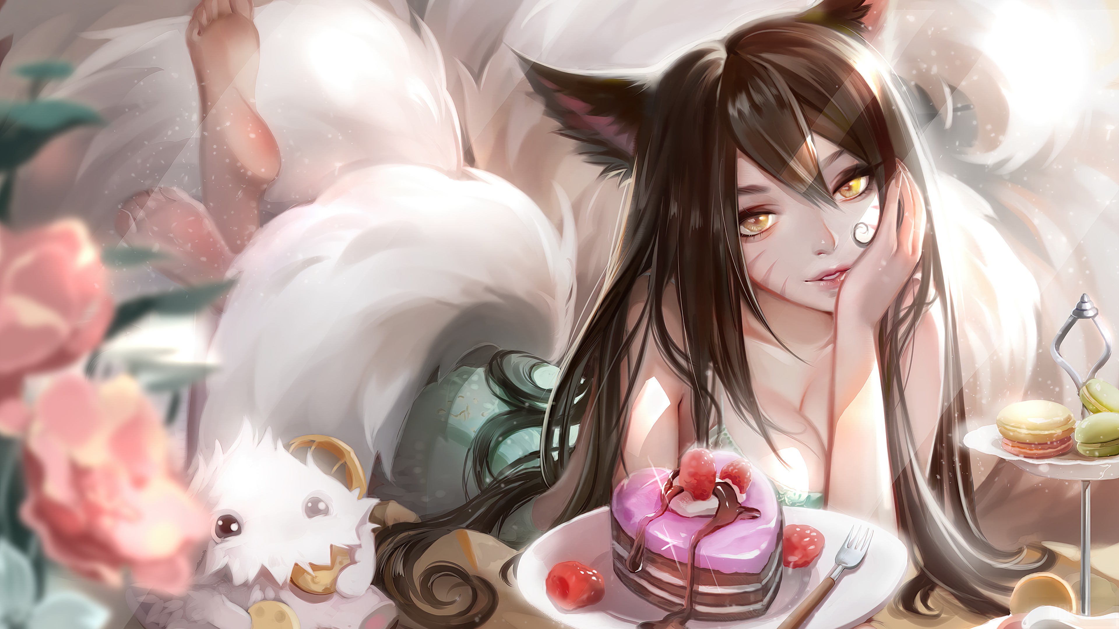 Ahri from League of Legends with Dessert 4K HD Wallpaper