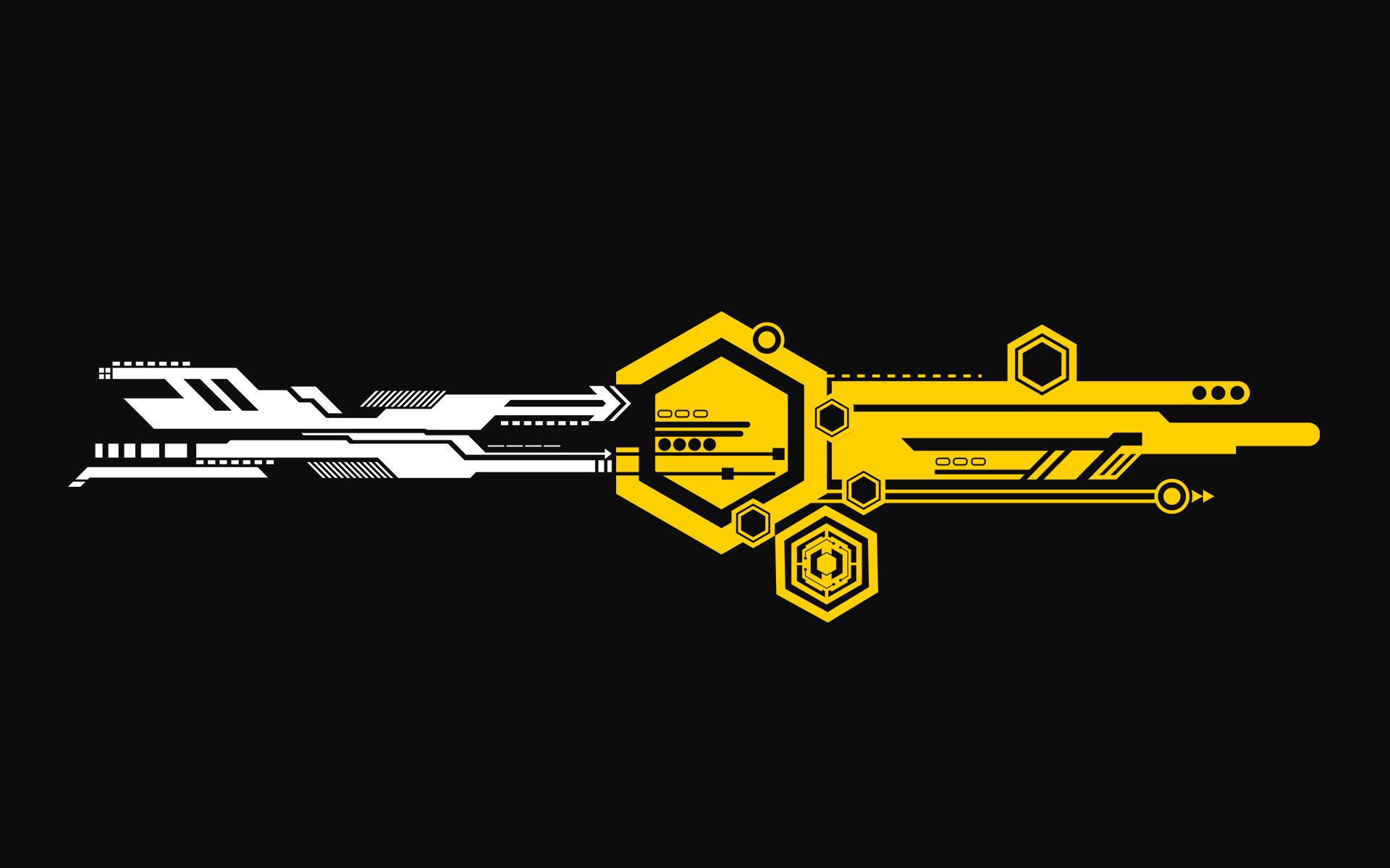 Abstract futuristic geometric design with white and yellow elements on black background HD Wallpaper