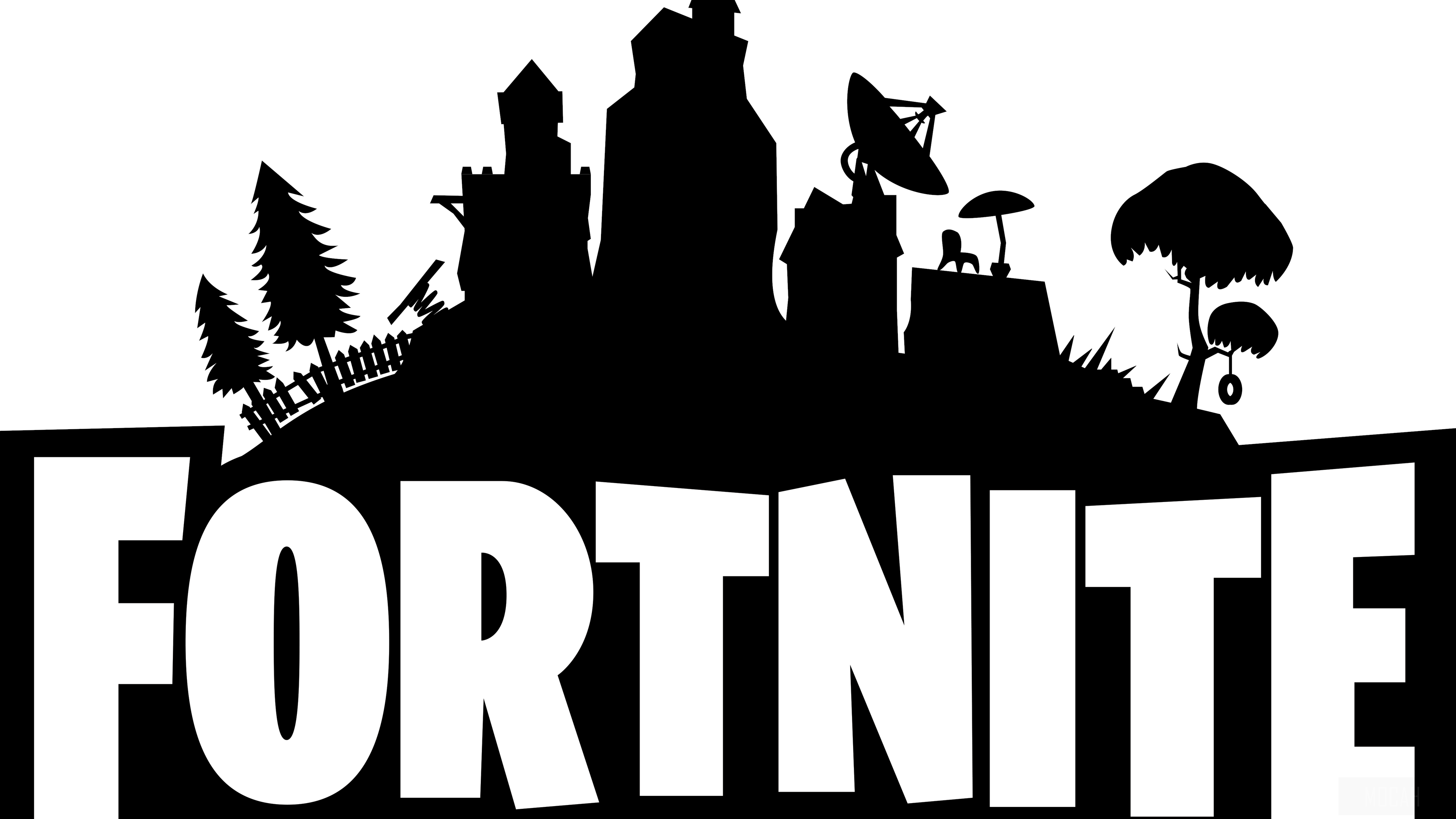 Fortnite logo with buildings and trees HD Wallpaper
