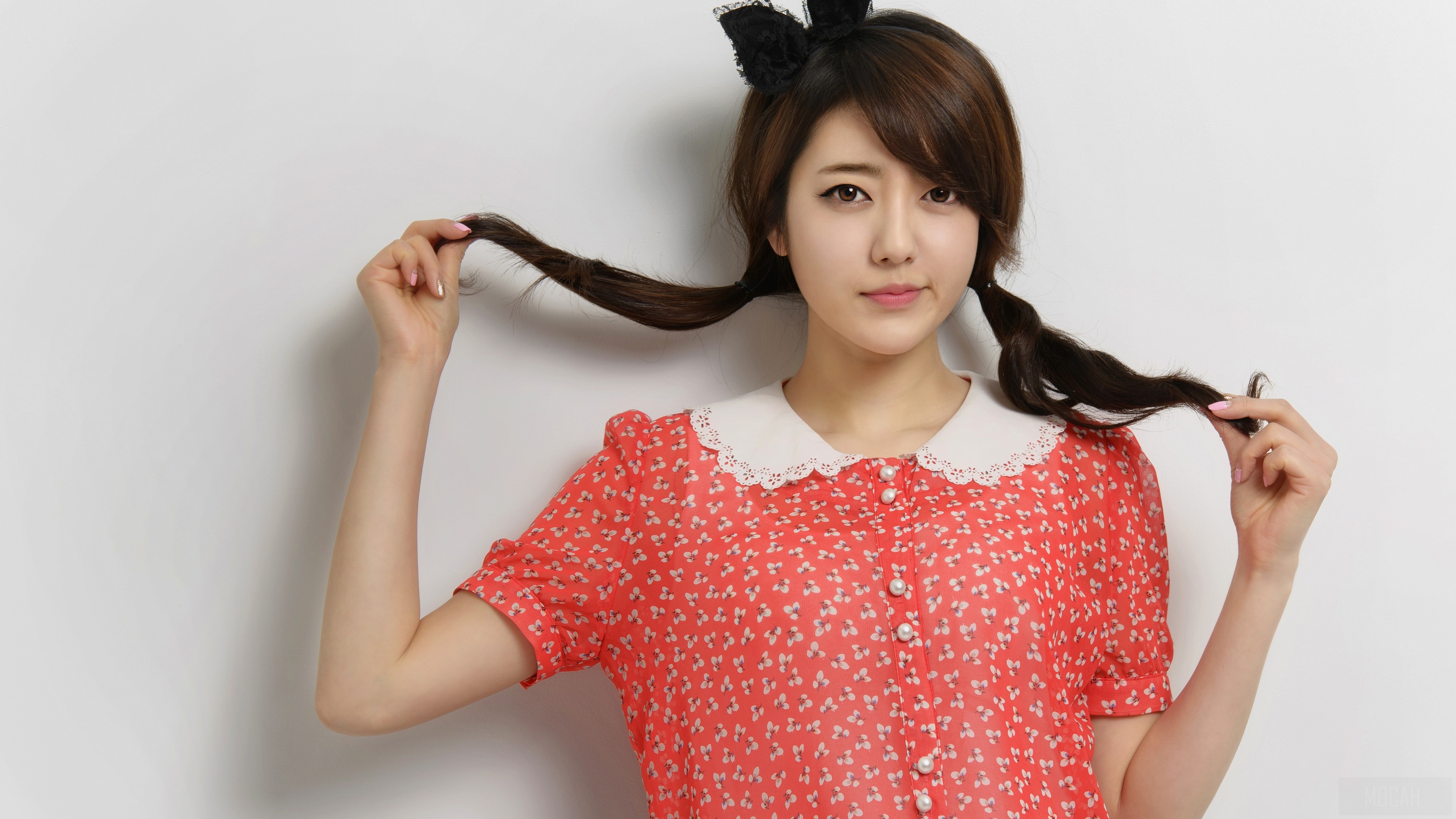 Asian girl with pigtails wearing a red dress 4K HD Wallpaper